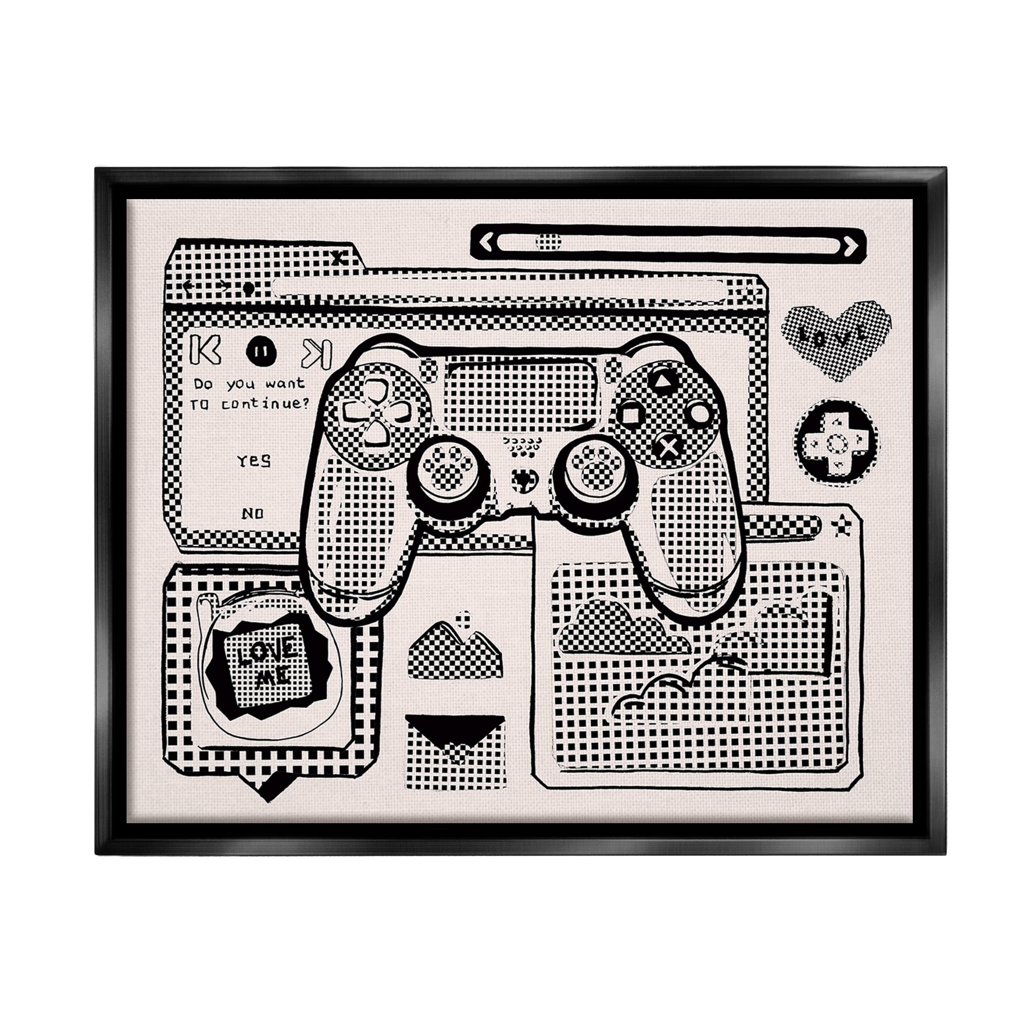 Stupell Industries Retro Gamer Collage Typography Painting Black Floater Framed Canvas Art Print Wall Art, 31 x 25