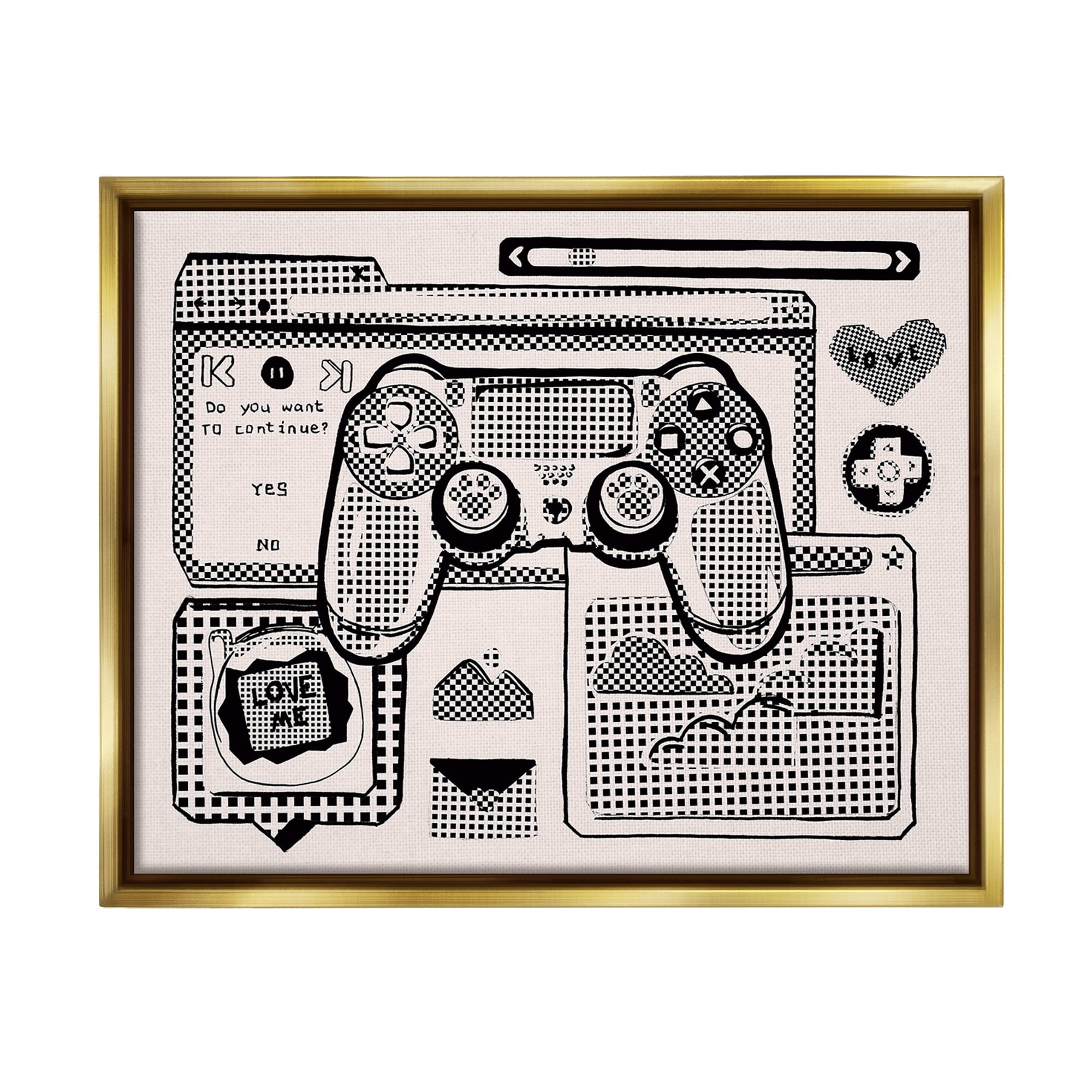 Stupell Industries Retro Gamer Collage Typography Painting Gold Floater Framed Canvas Art Print Wall Art, 31 x 25
