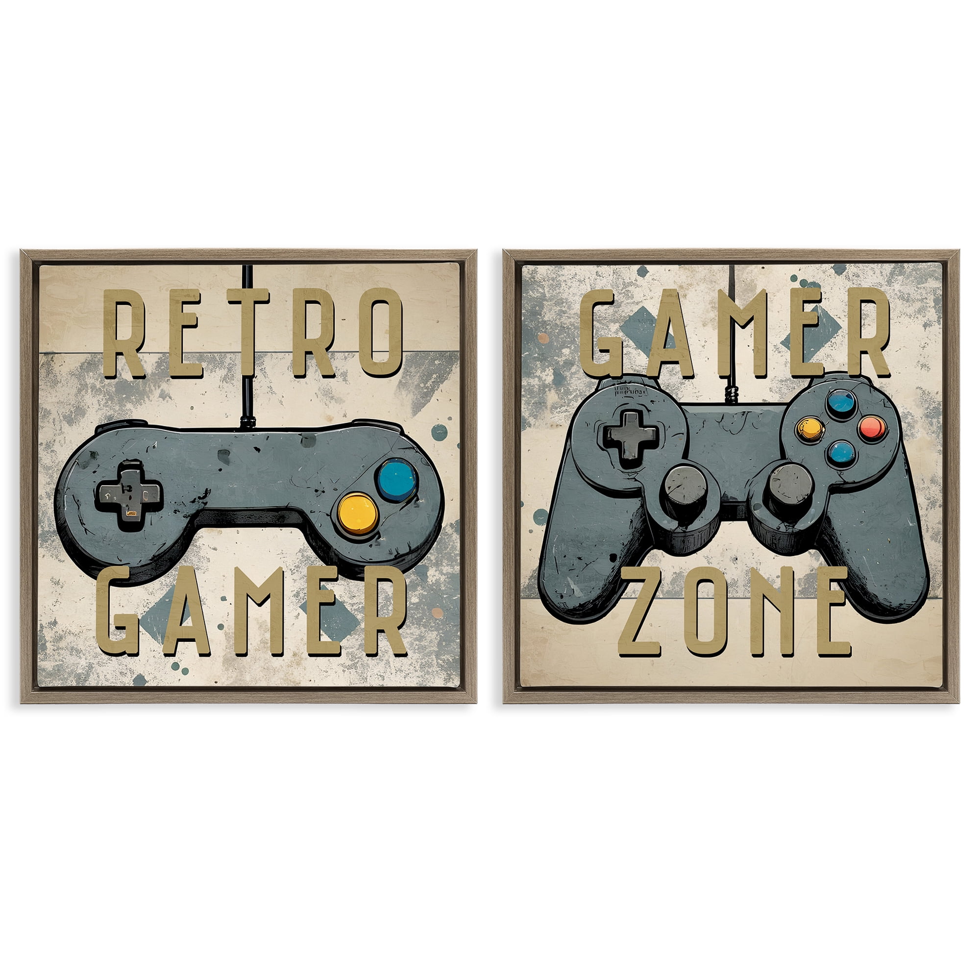 Stupell Industries Retro Gamer Controllers Entertainment Painting Brown Floater Framed Canvas Art Print Wall Art, 18 x 18, Set of 2