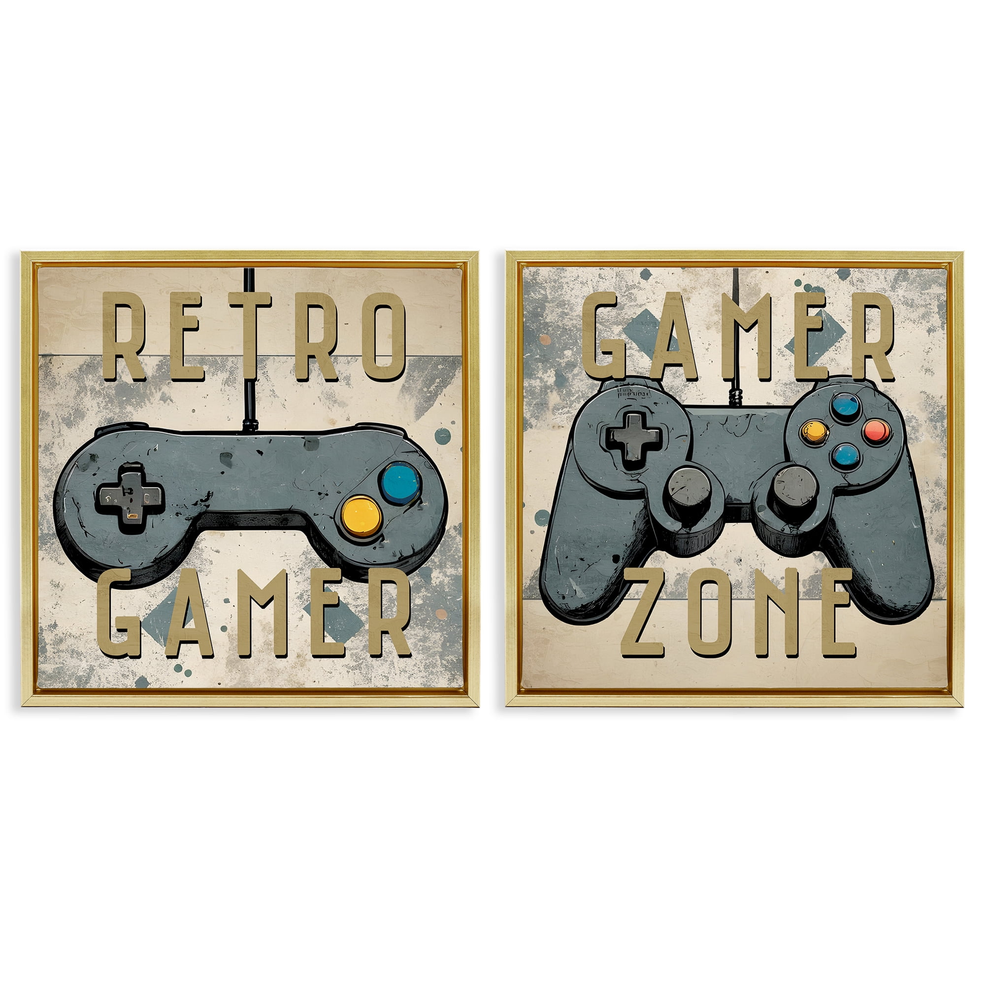 Stupell Industries Retro Gamer Controllers Entertainment Painting Gold Floater Framed Canvas Art Print Wall Art, 18 x 18, Set of 2