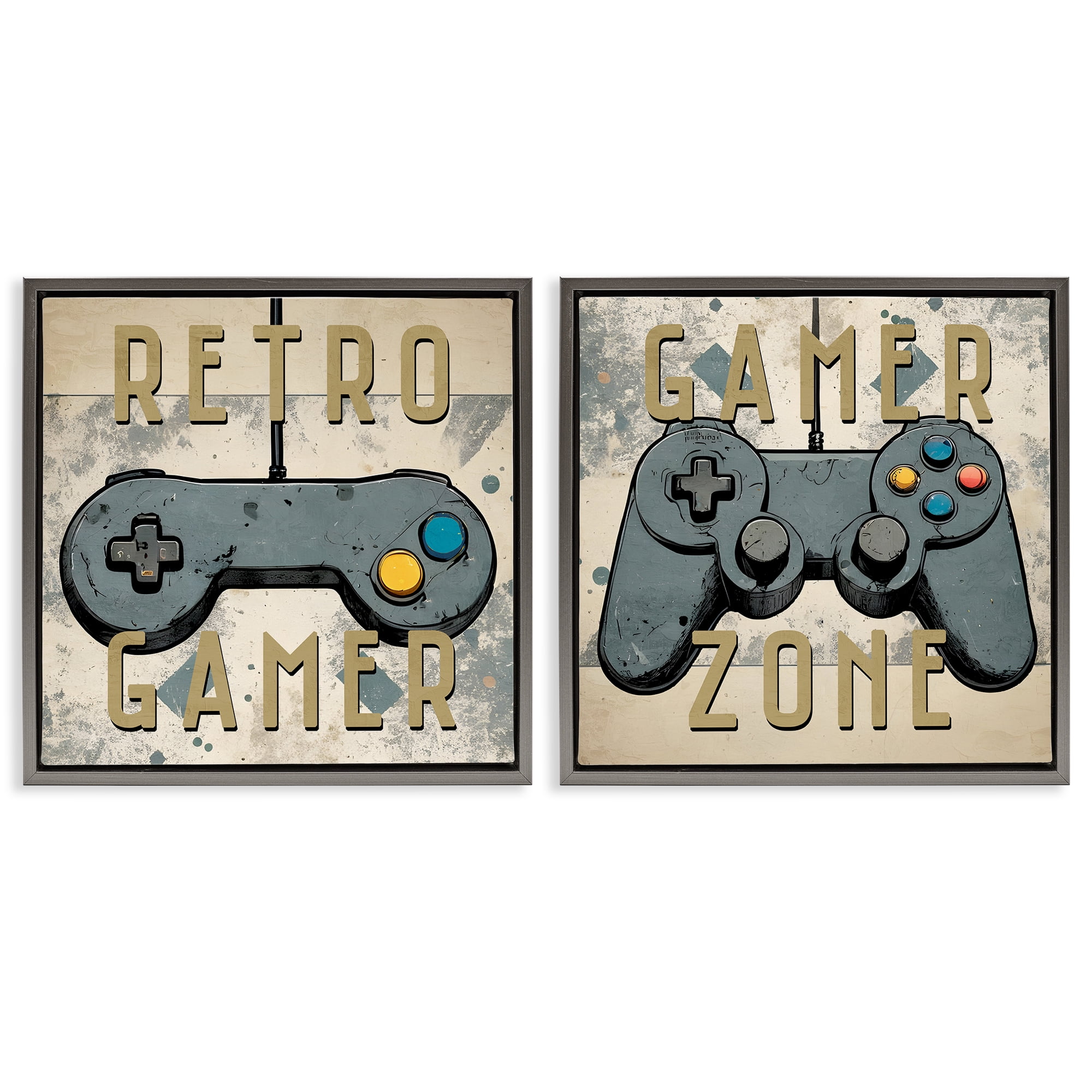 Stupell Industries Retro Gamer Controllers Entertainment Painting Gray Floater Framed Canvas Art Print Wall Art, 18 x 18, Set of 2