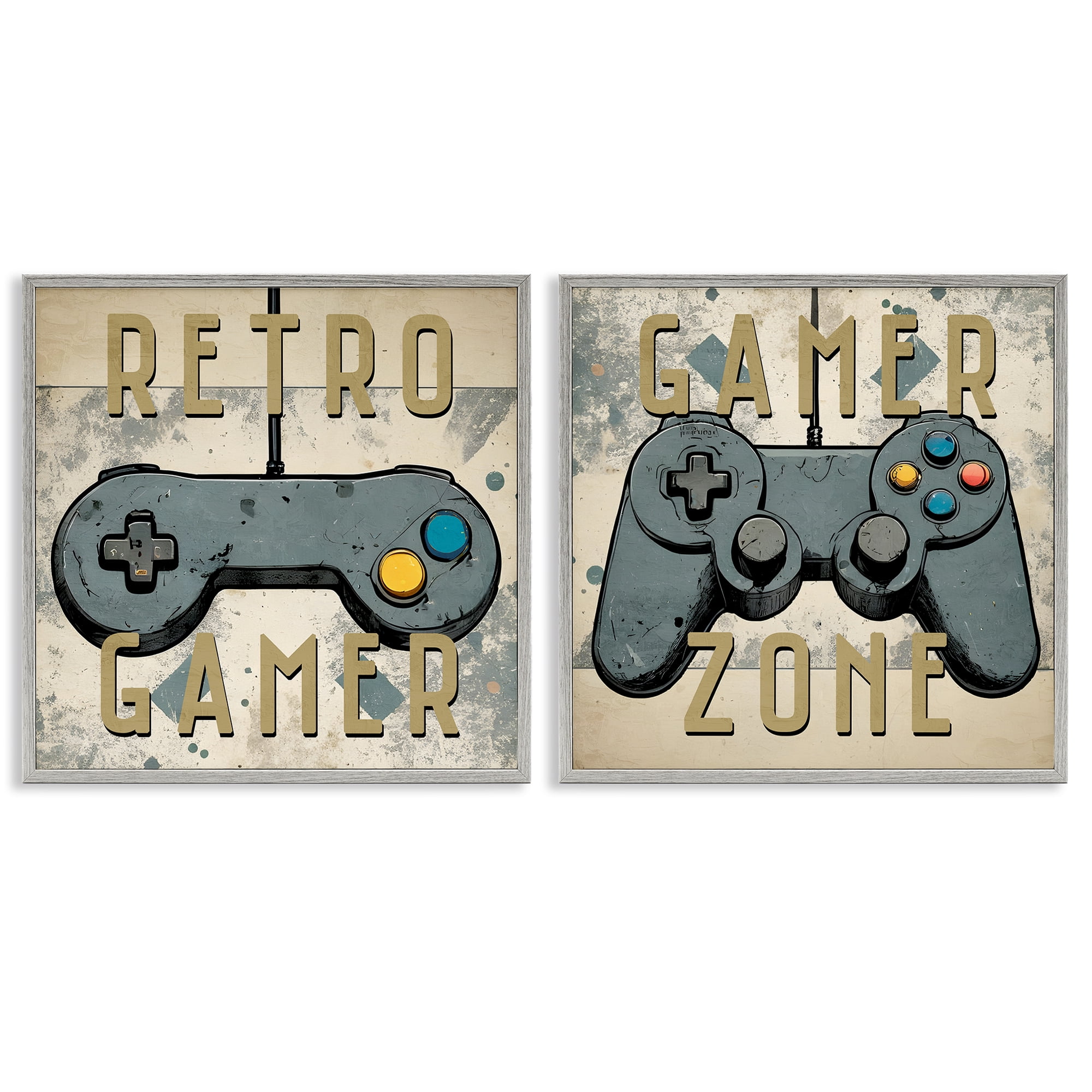 Stupell Industries Retro Gamer Controllers Entertainment Painting Gray Framed Art Print Wall Art, 17 x 17, Set of 2