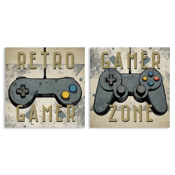 Stupell Industries Retro Gamer Controllers Entertainment Painting Wrapped Canvas Art Print Wall Art, 17 x 17, Set of 2