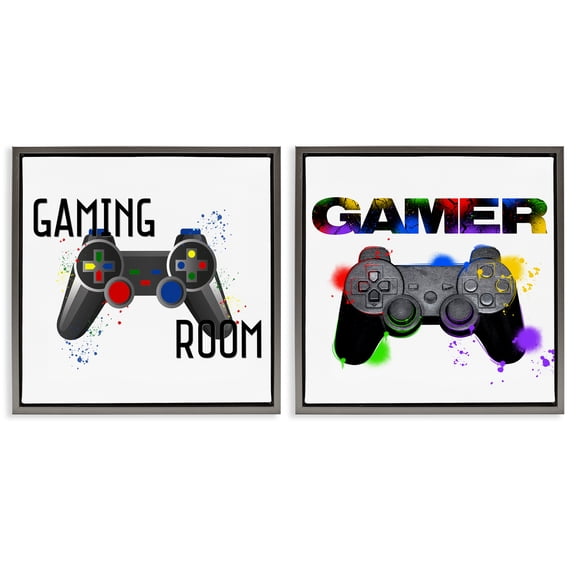 Stupell Industries Retro Gaming Room Control Quotes and Sayings Painting Gray Floater Framed Canvas Art Print Wall Art, 18 x 18, Set of 2