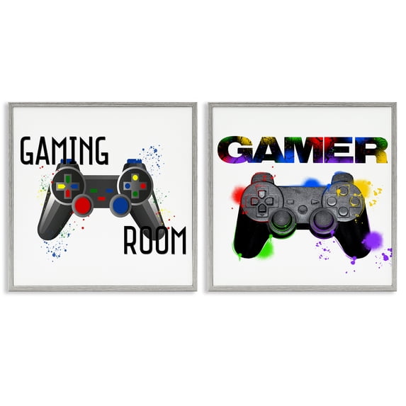 Stupell Industries Retro Gaming Room Control Quotes and Sayings Painting Gray Framed Art Print Wall Art, 12 x 12, Set of 2