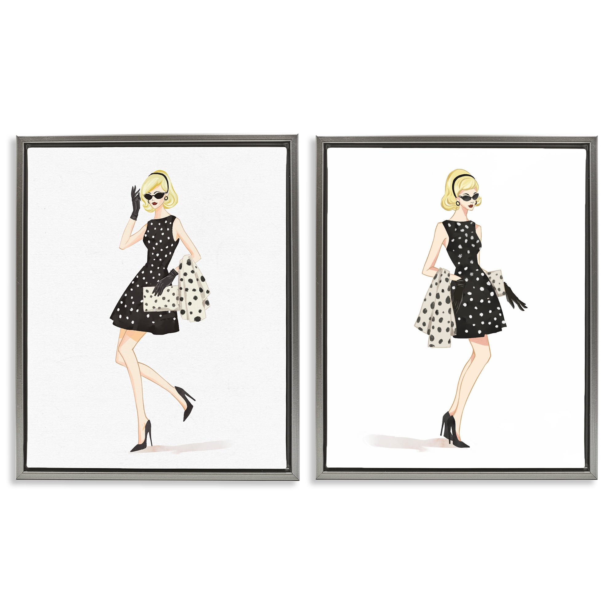 Stupell Industries Retro Glam Female 2 Piece Gray Framed Floater Canvas Set, design by Ziwei Li