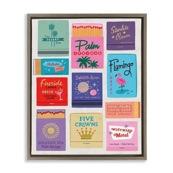 Stupell Industries Retro Glam Matchbooks Brown Framed Floater Canvas Wall Art design by Nina Seven, 21 x 17