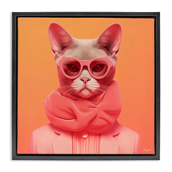 Stupell Industries Contemporary Retro Glasses Cat on Orange Black Floating Frame Canvas Art, 18 x 18, by Roozbeh