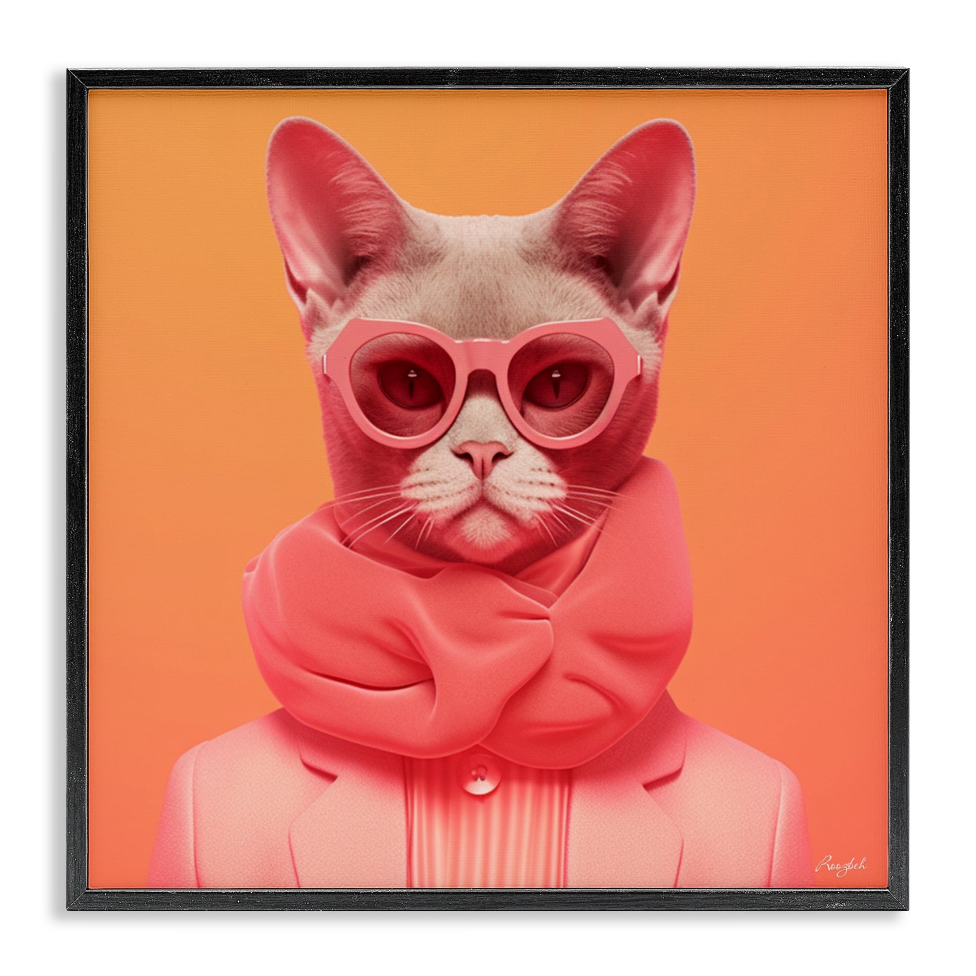 Stupell Industries Retro Glasses Cat on Orange Black Framed Giclee Art, design by Roozbeh