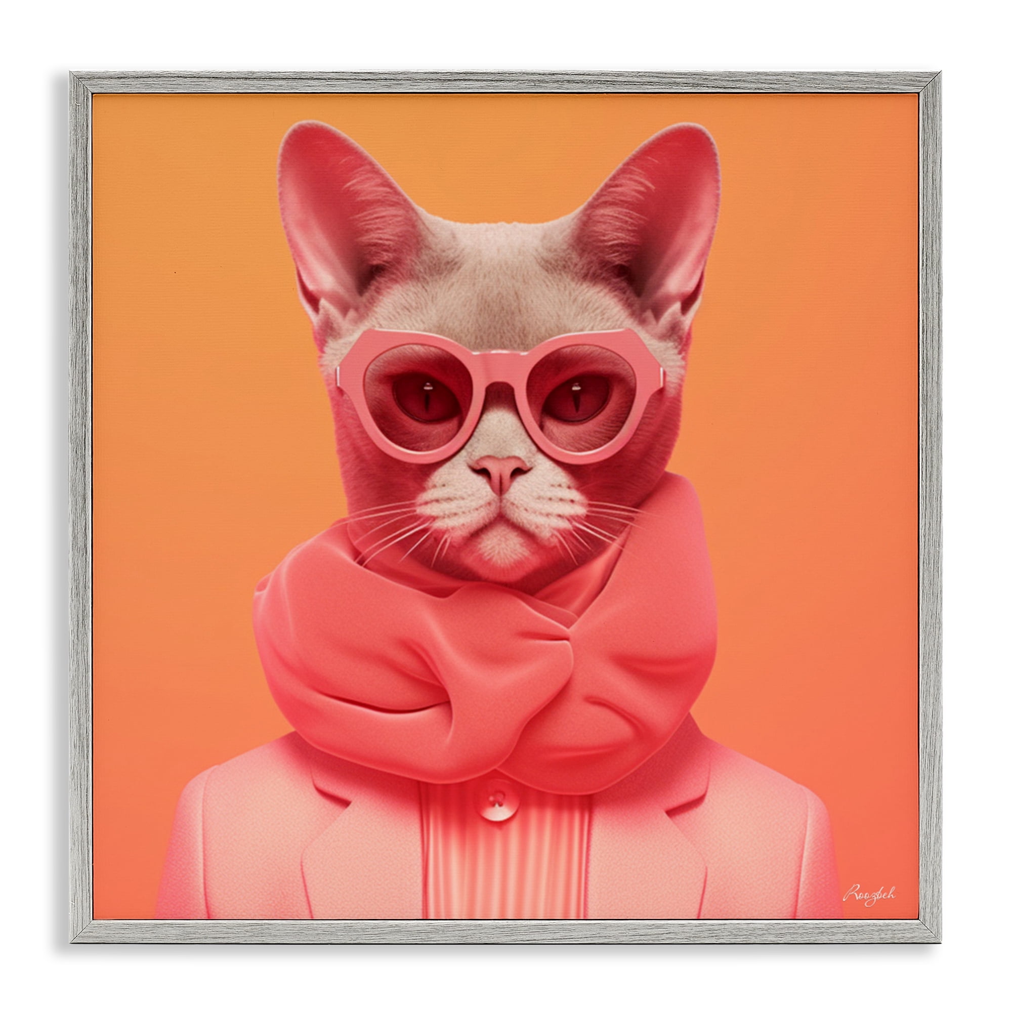 Stupell Industries Retro Glasses Cat on Orange Gray Framed Giclee Art, design by Roozbeh