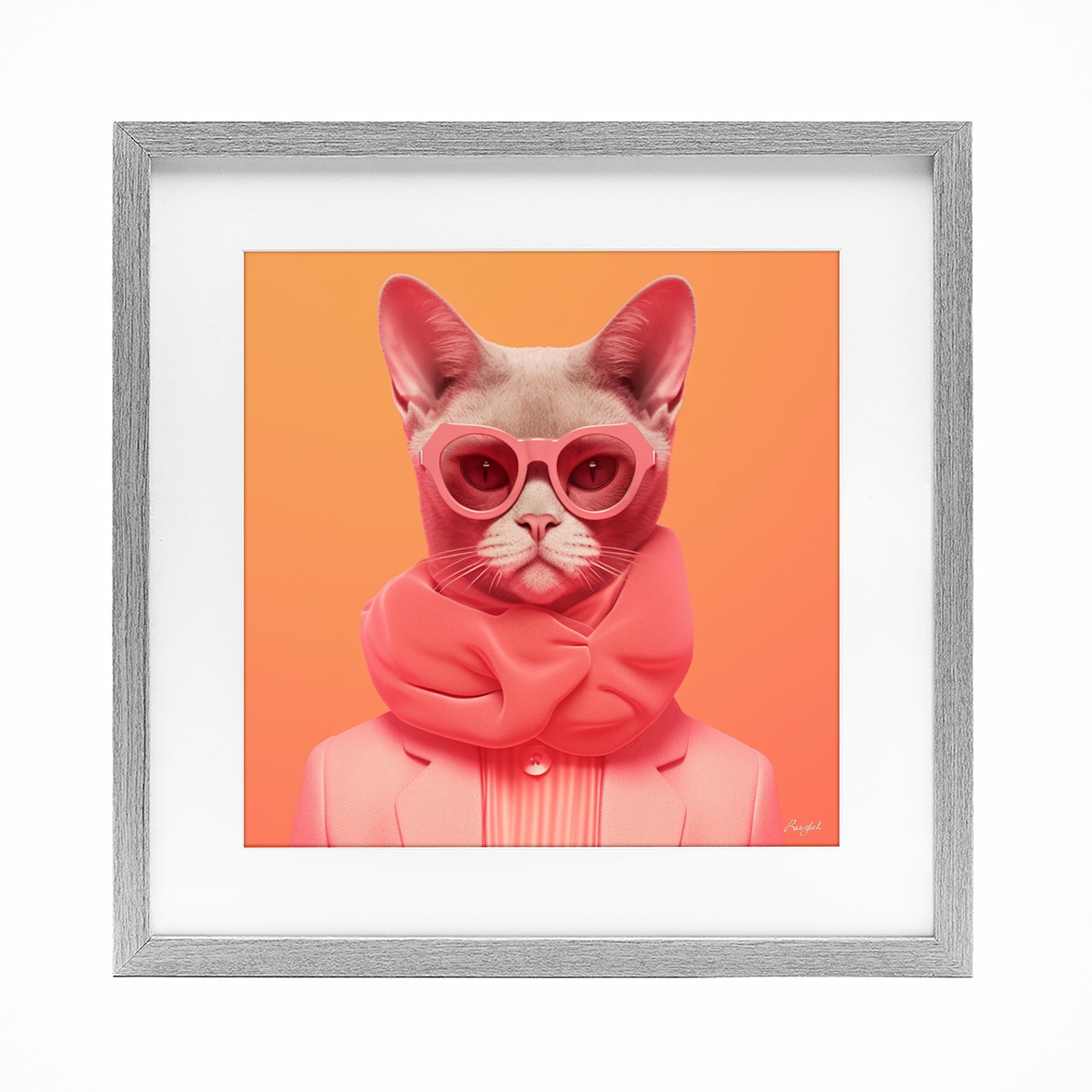 Stupell Industries Retro Glasses Cat on Orange Gray Framed Print Under Glass, design by Roozbeh