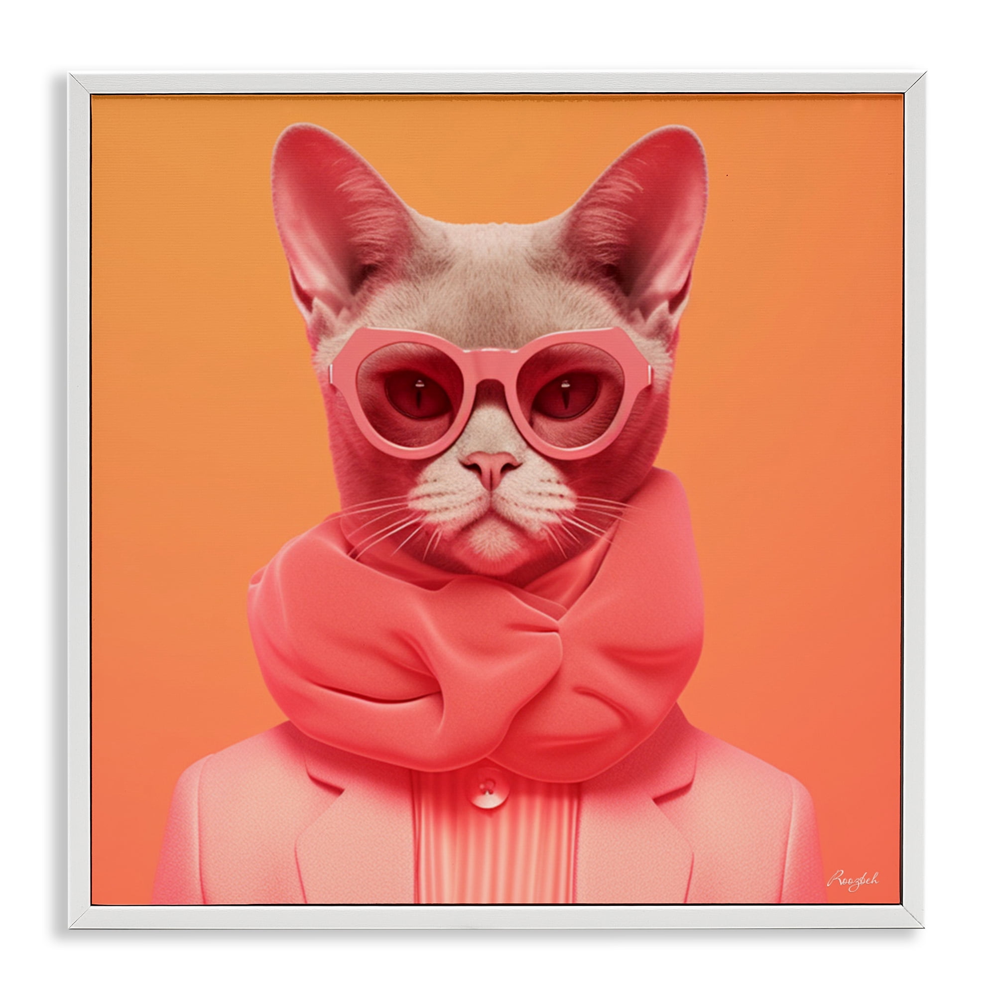 Stupell Industries Retro Glasses Cat on Orange White Framed Giclee Art, design by Roozbeh