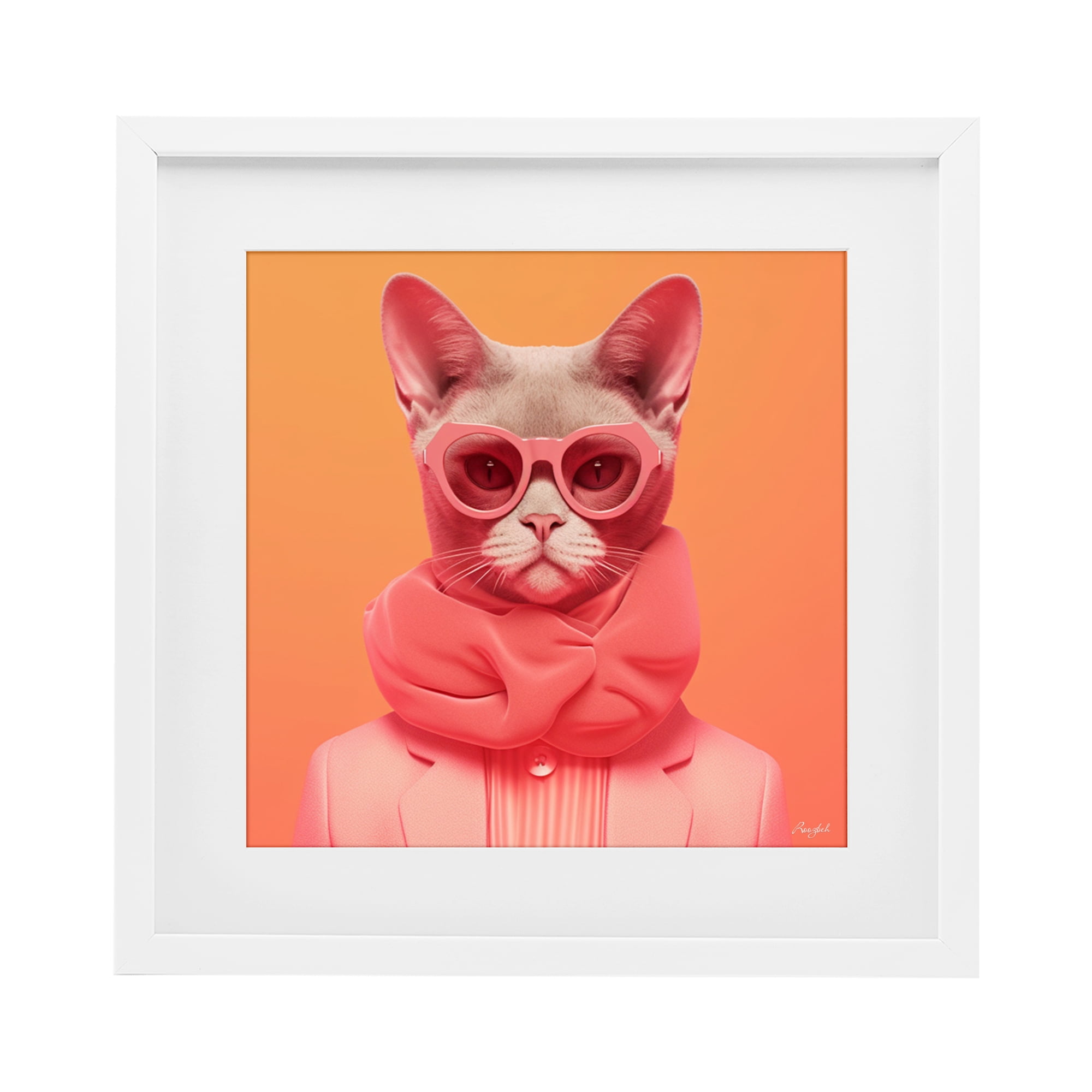 Stupell Industries Retro Glasses Cat on Orange White Framed Print Under Glass, design by Roozbeh