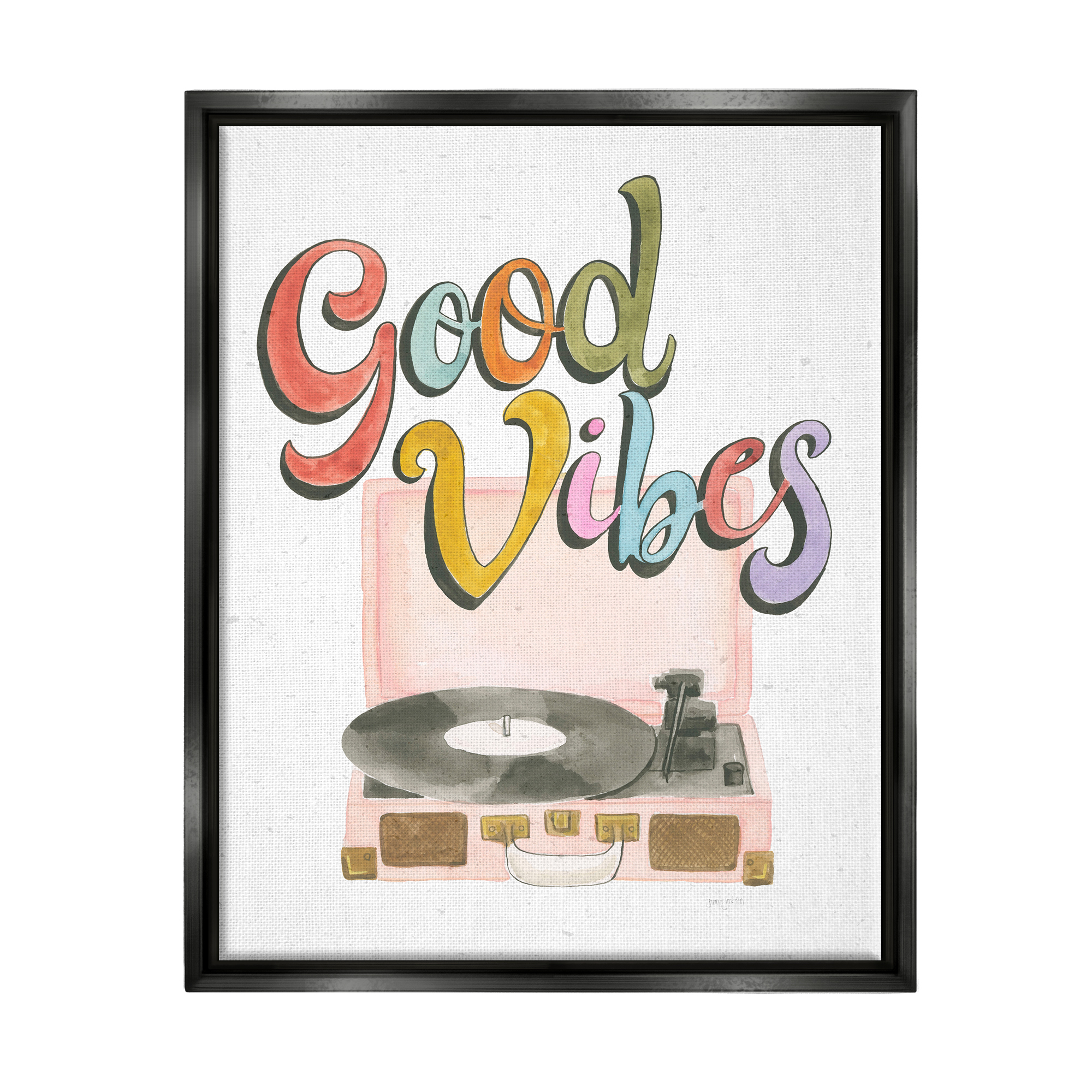 Stupell Industries Retro Good Vibes Turntable Typography Painting Black Floater Framed Art Print Wall Art, 25 x 31