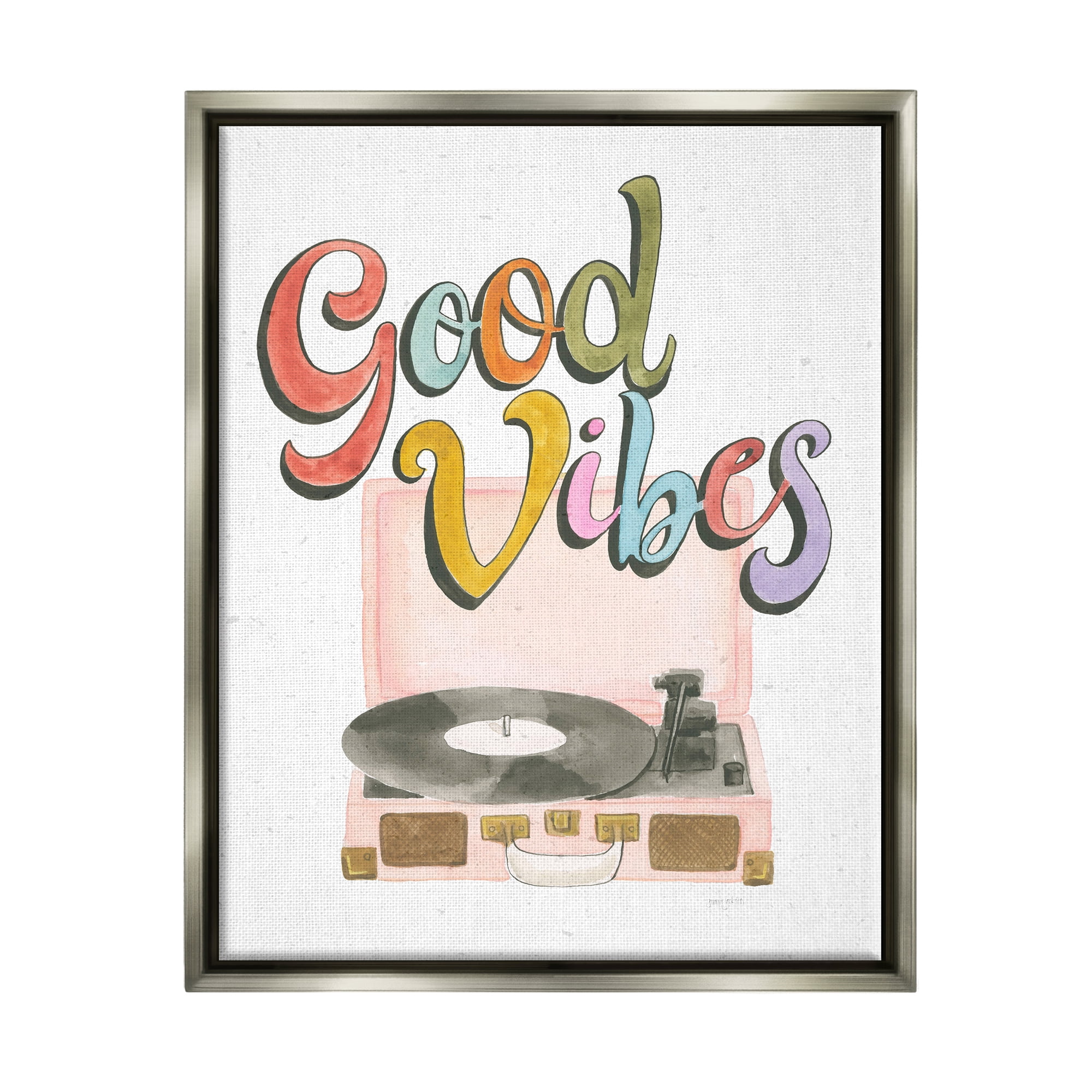 Stupell Industries Retro Good Vibes Turntable Typography Painting Gray Floater Framed Art Print Wall Art, 25 x 31