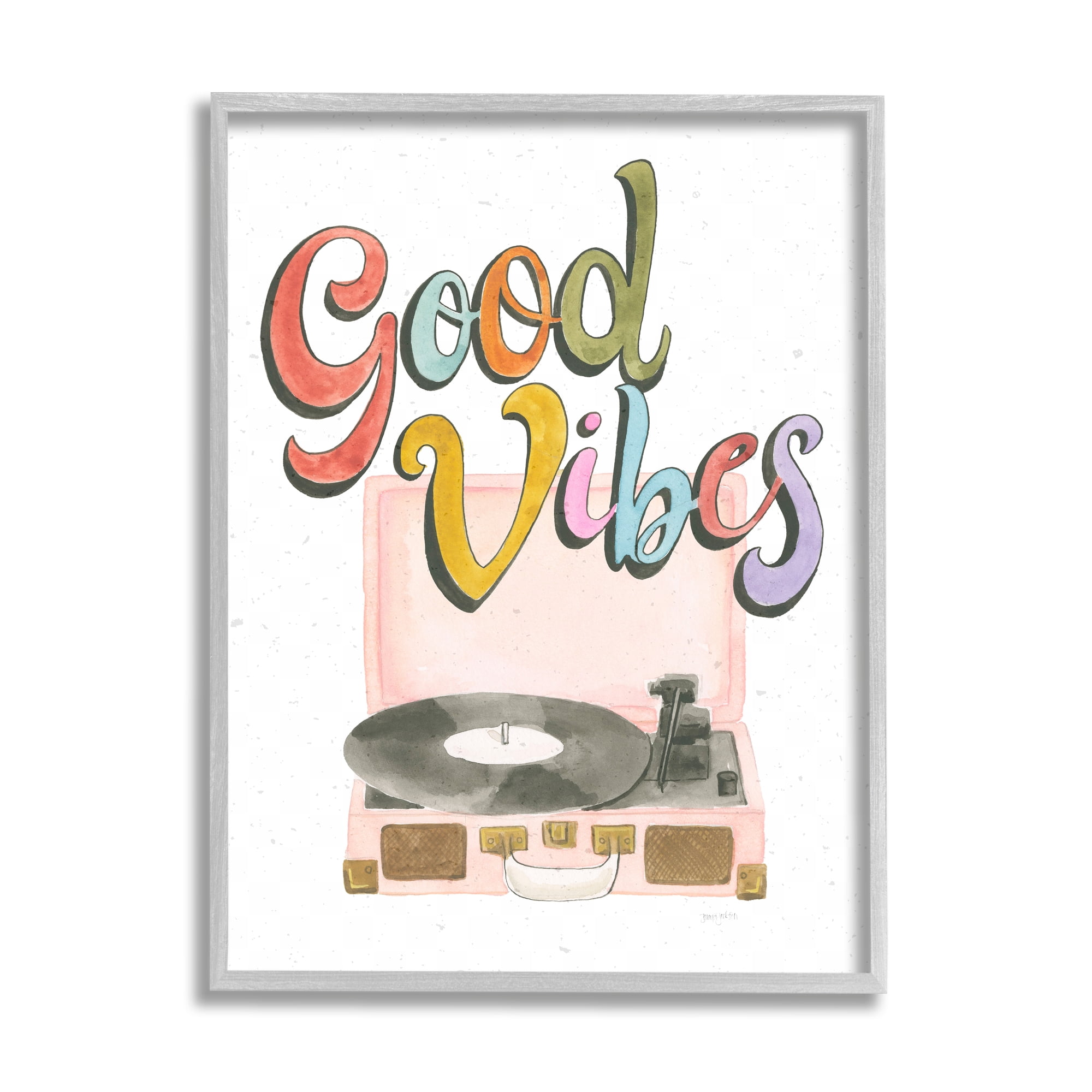 Stupell Industries Retro Good Vibes Turntable Typography Painting Gray Framed Art Print Wall Art, 11 x 14