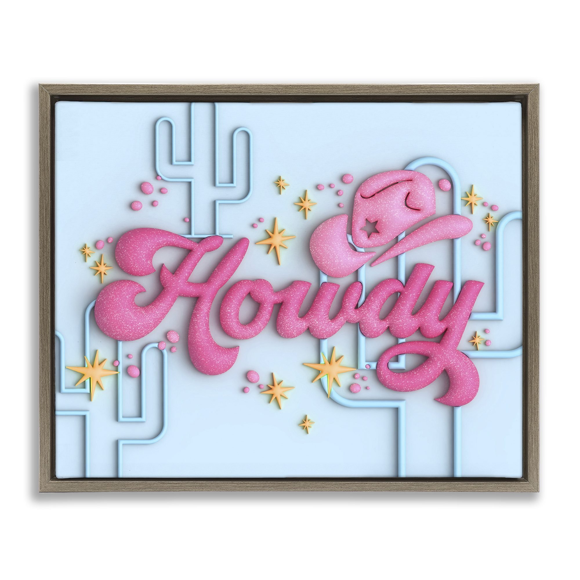Stupell Industries Retro Howdy & Cactus Entertainment Painting Brown Floater Framed Canvas Art Print Wall Art, 31 x 25