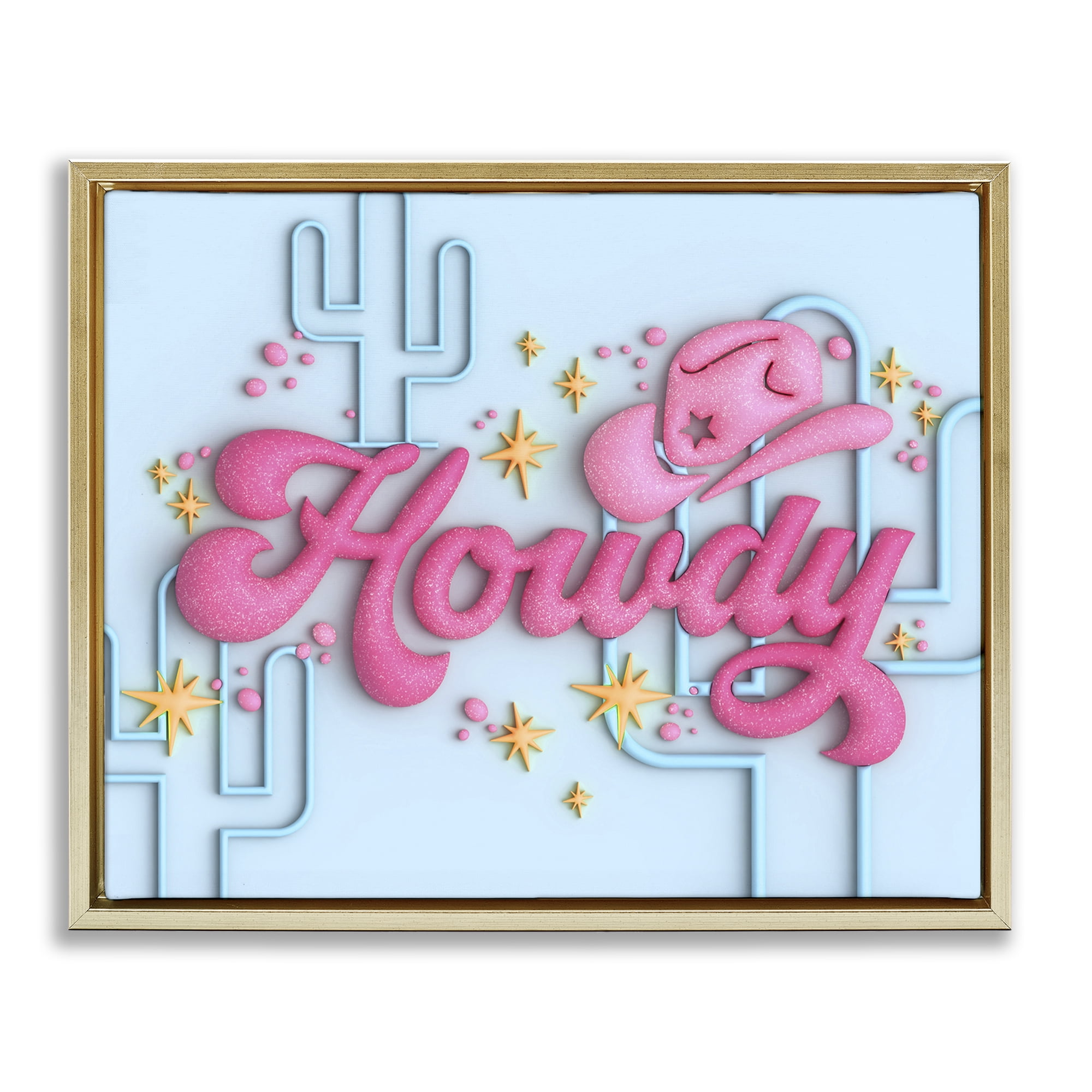 Stupell Industries Retro Howdy & Cactus Entertainment Painting Gold Floater Framed Canvas Art Print Wall Art, 21 x 17