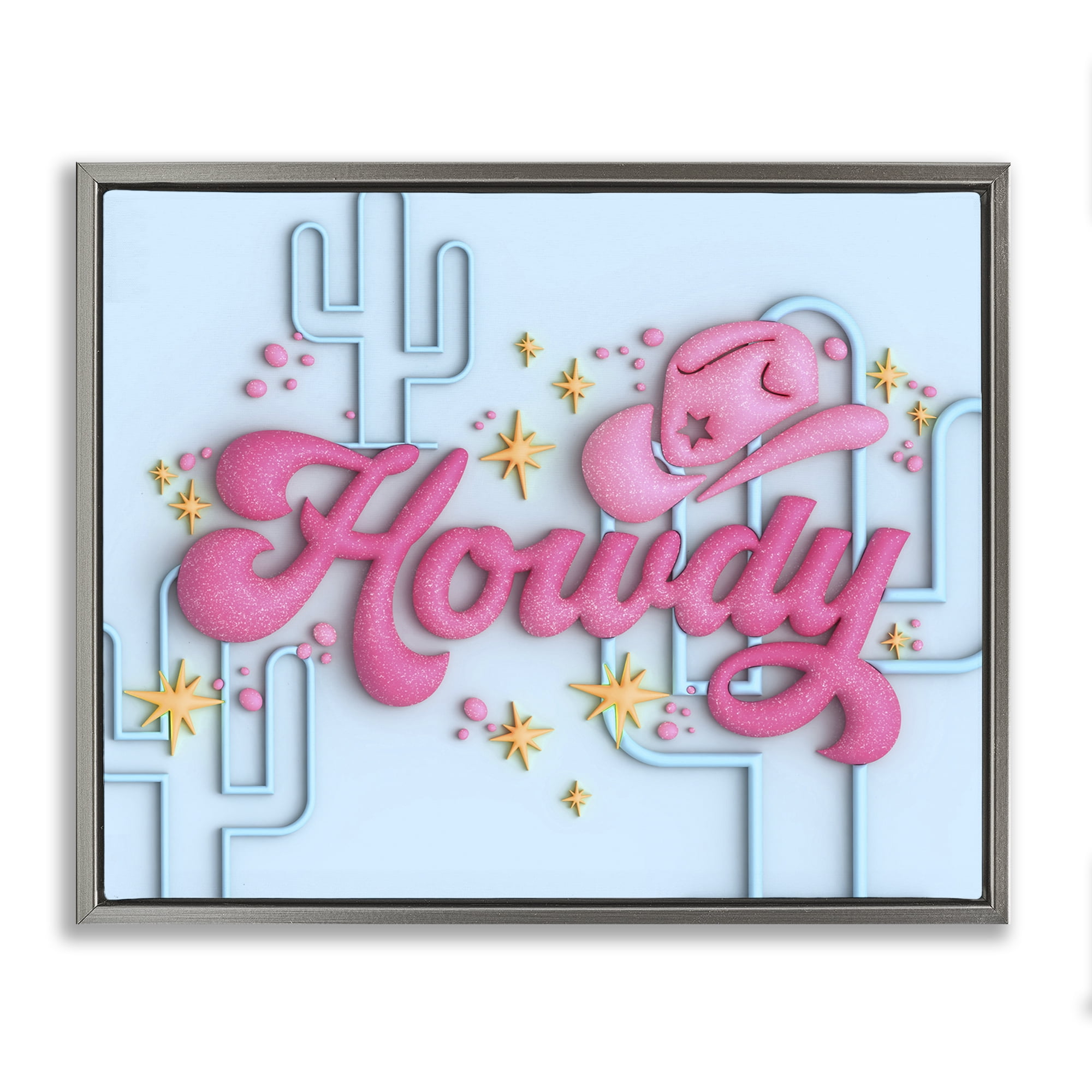 Stupell Industries Retro Howdy & Cactus Entertainment Painting Gray Floater Framed Canvas Art Print Wall Art, 21 x 17