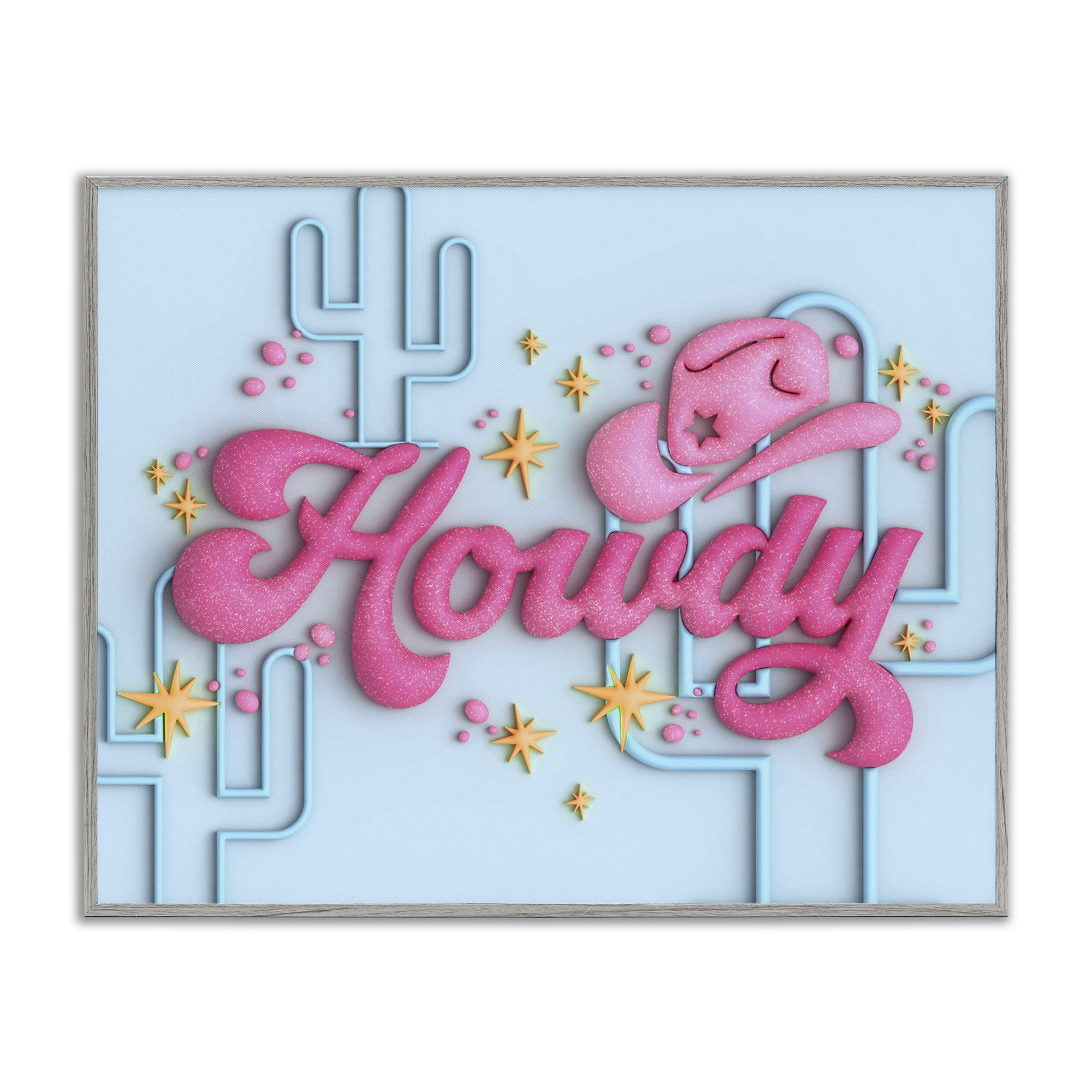 Stupell Industries Retro Howdy & Cactus Entertainment Painting Gray Framed Art Print Wall Art, 14 x 11