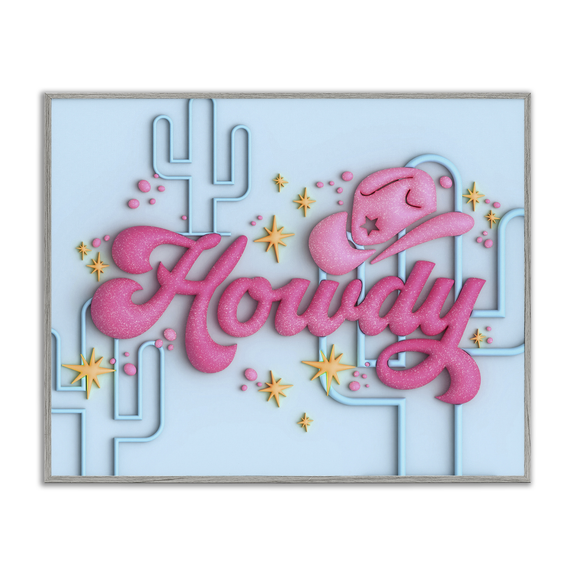 Stupell Industries Retro Howdy & Cactus Entertainment Painting Gray Framed Art Print Wall Art, 20 x 16