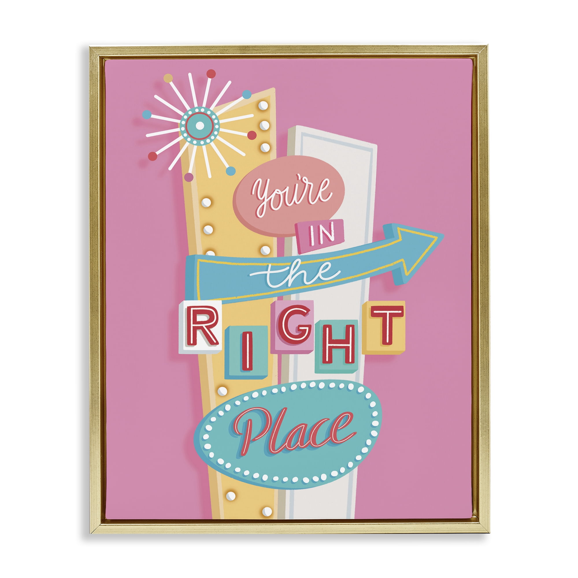 Stupell Industries Retro In The Right Place Text & Numbers Painting Gold Floater Framed Canvas Art Print Wall Art, 25 x 31