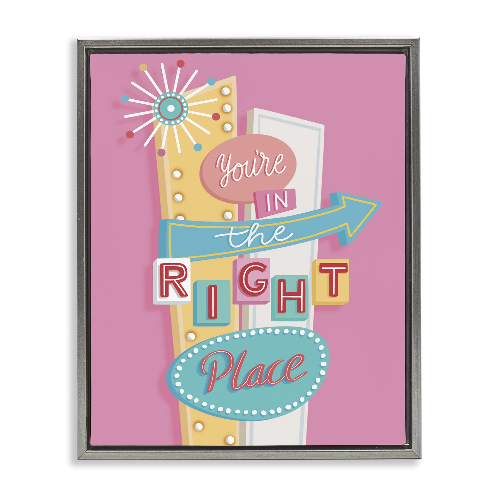 Stupell Industries Retro In The Right Place Text & Numbers Painting Gray Floater Framed Canvas Art Print Wall Art, 17 x 21