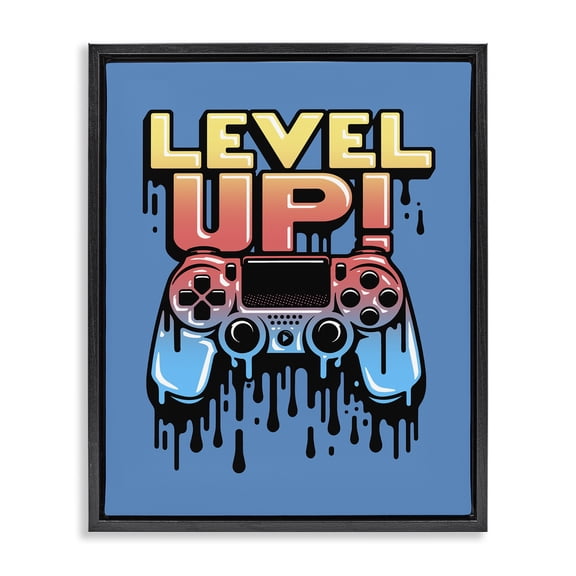 Stupell Industries Retro Level Up Dripping Controller Black Framed Floater Canvas Wall Art design by Jedco Brands, Inc., 21 x 17