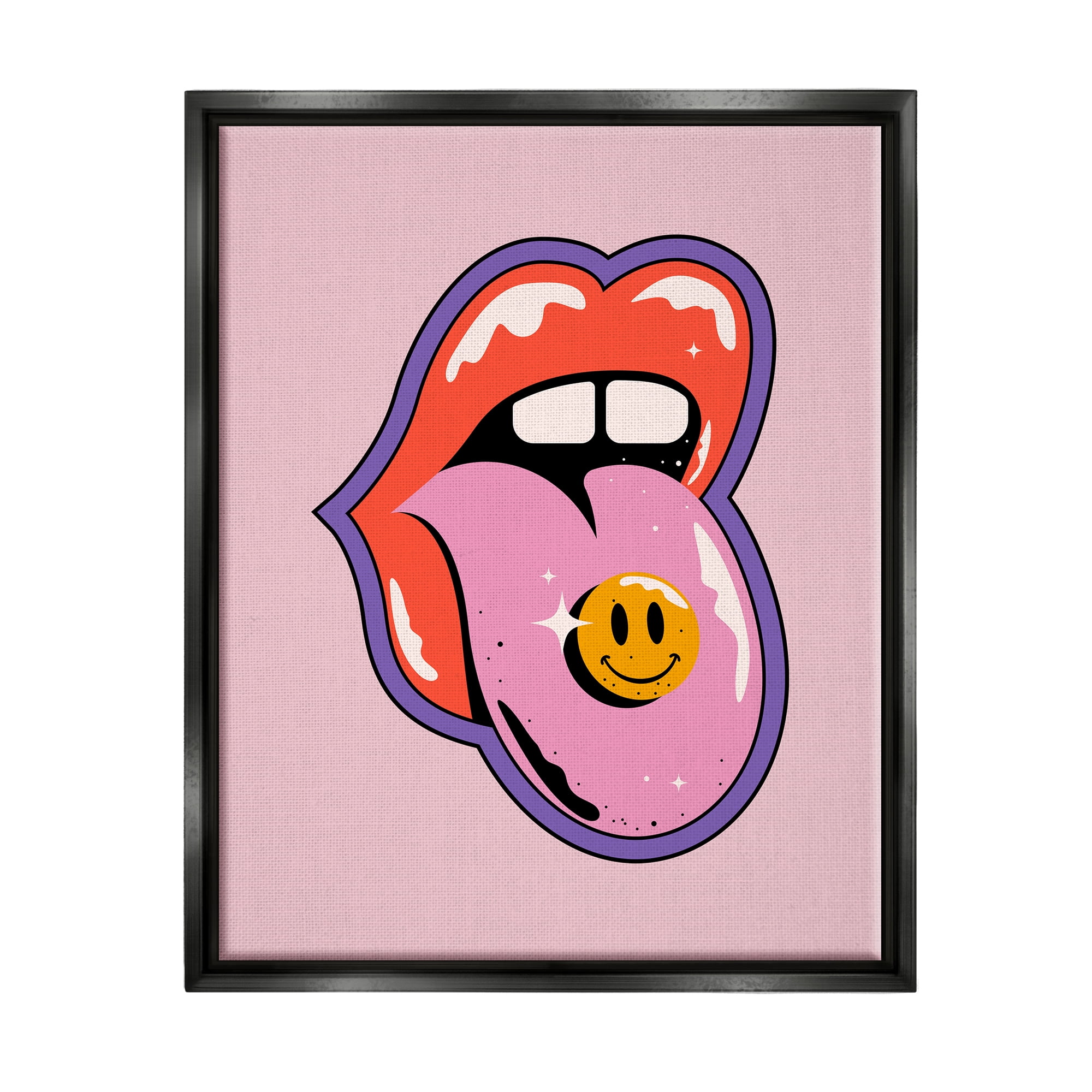 Stupell Industries Retro Lips with Smiley Abstract Painting Black Floater Framed Canvas Art Print Wall Art, 25 x 31