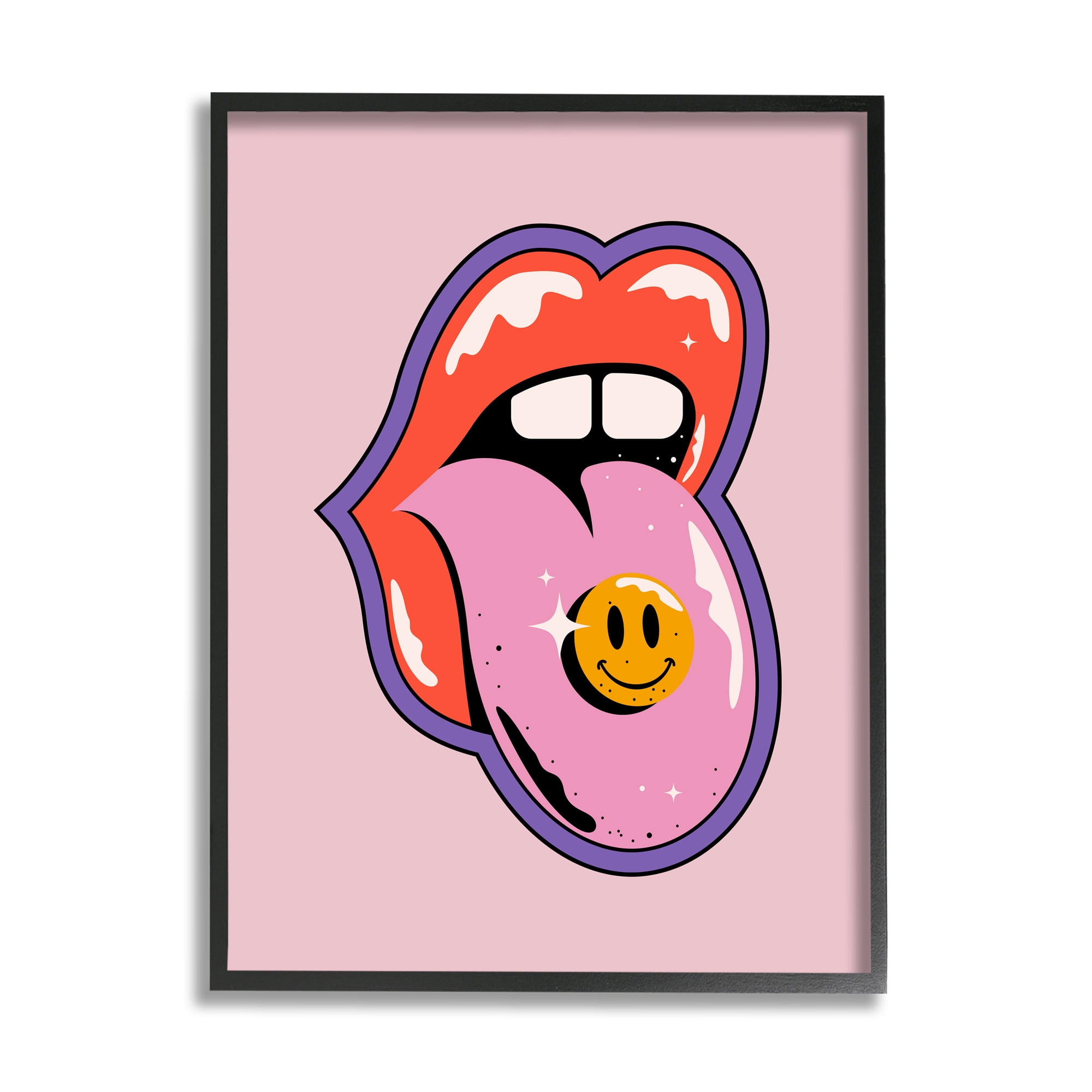Stupell Industries Retro Lips with Smiley Abstract Painting Black Framed Art Print Wall Art, 16 x 20