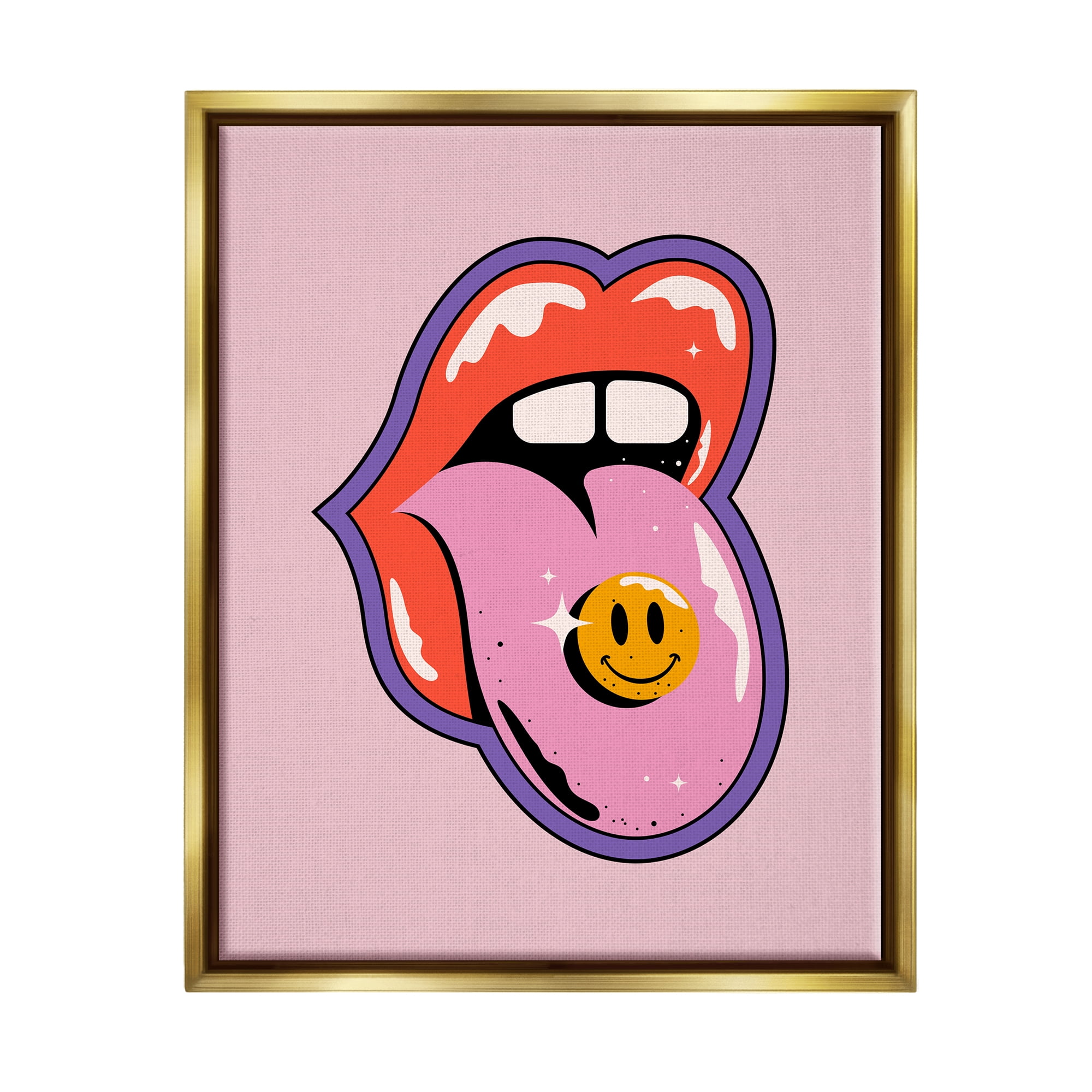 Stupell Industries Retro Lips with Smiley Abstract Painting Gold Floater Framed Canvas Art Print Wall Art, 17 x 21