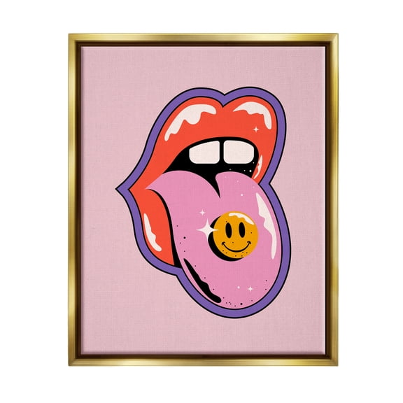 Stupell Industries Retro Lips with Smiley Abstract Painting Gold Floater Framed Canvas Art Print Wall Art, 25 x 31