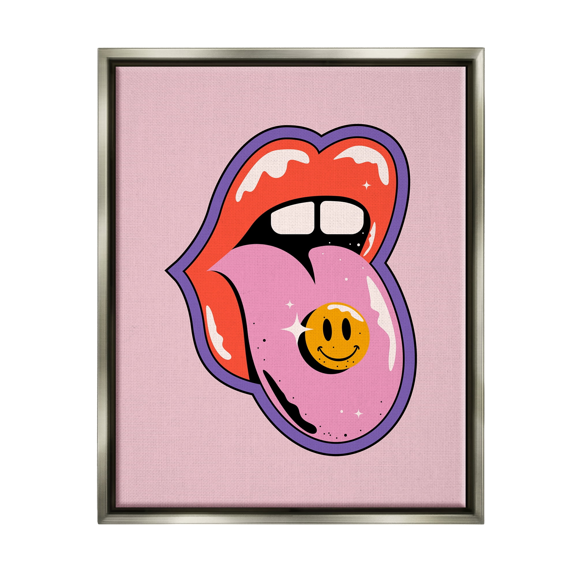 Stupell Industries Retro Lips with Smiley Abstract Painting Gray Floater Framed Canvas Art Print Wall Art, 17 x 21