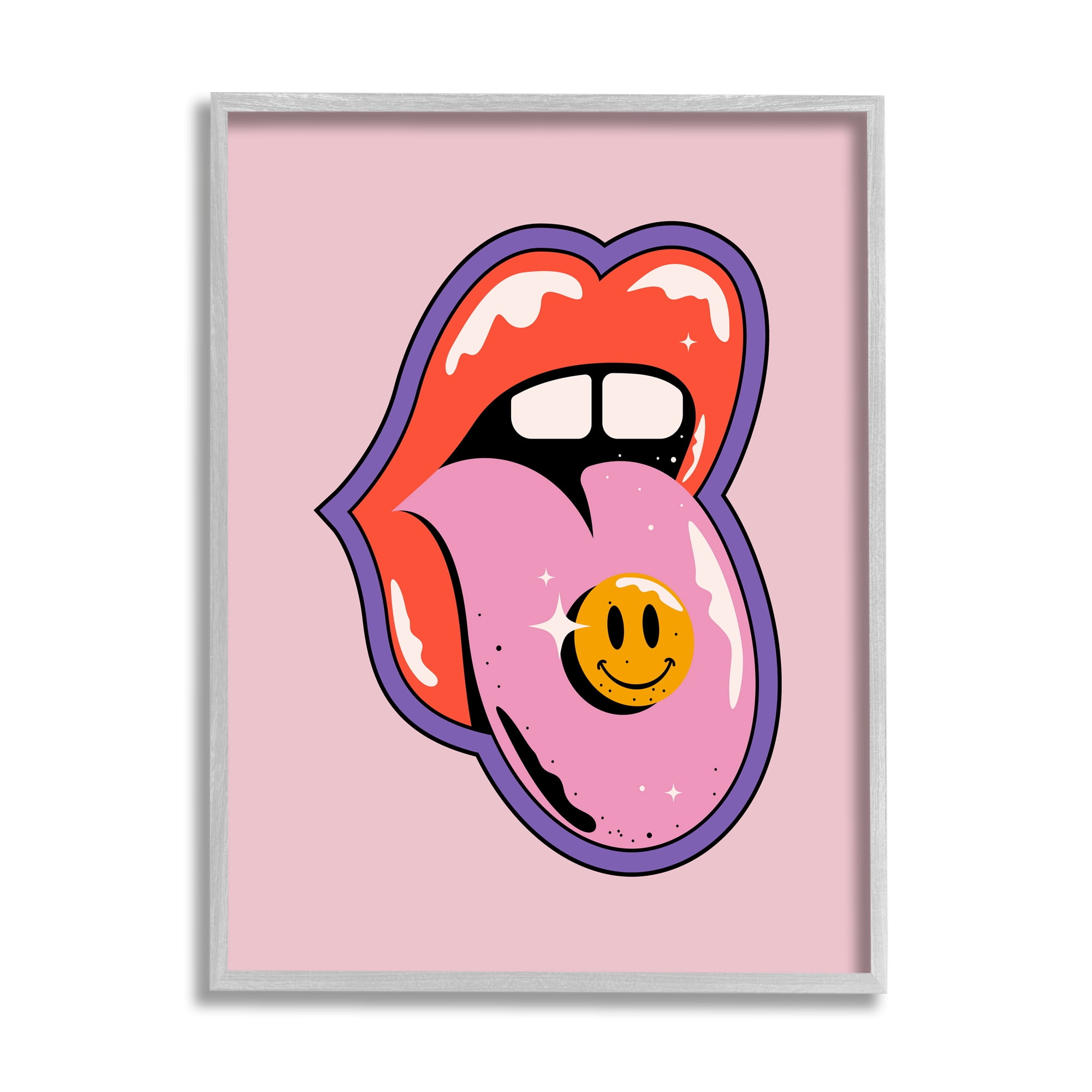 Stupell Industries Retro Lips with Smiley Abstract Painting Gray Framed Art Print Wall Art, 24 x 30
