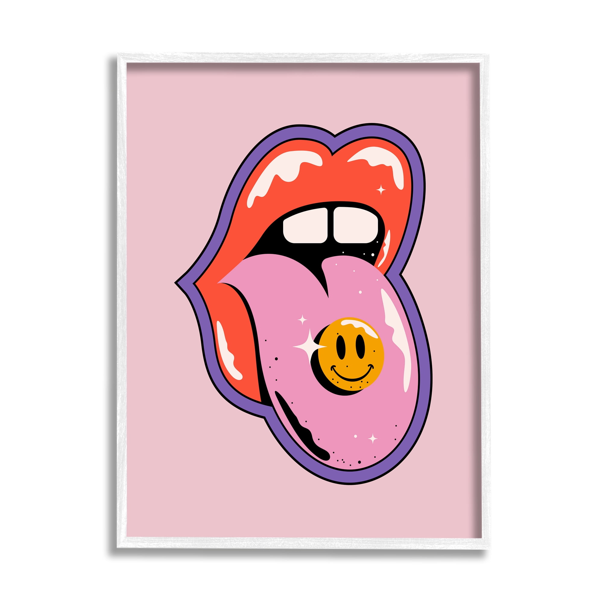 Stupell Industries Retro Lips with Smiley Abstract Painting White Framed Art Print Wall Art, 24 x 30
