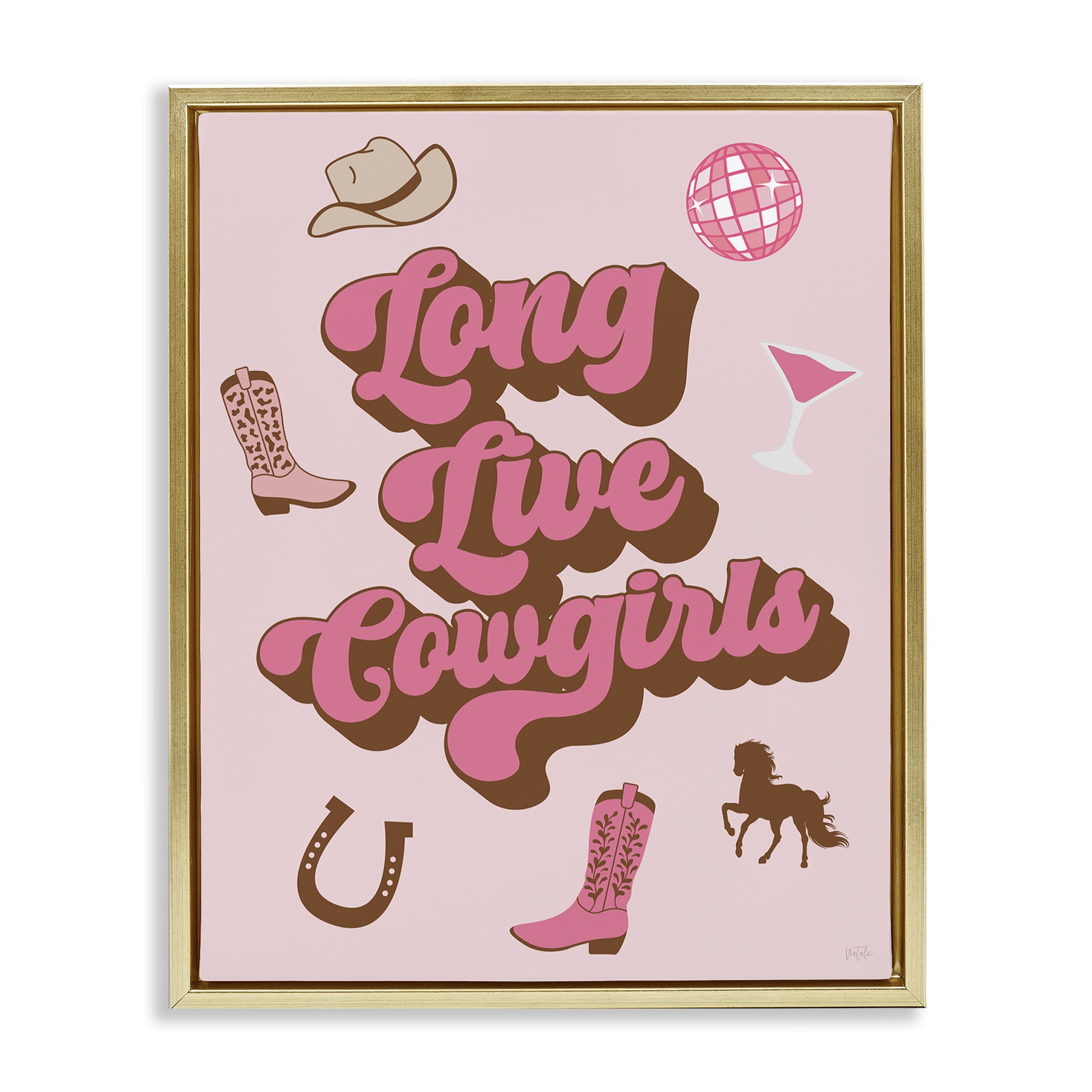 Stupell Industries Retro Long Live Cowgirls Entertainment Painting Gold Floater Framed Canvas Art Print Wall Art, 25 x 31