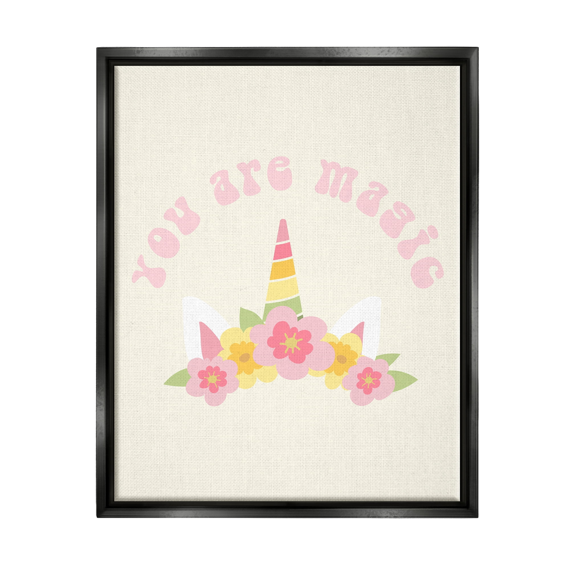 Stupell Industries Retro Magic Unicorn Phrase Fairy Tales & Fantasy Painting Black Floater Framed Canvas Art Print Wall Art, 17 x 21