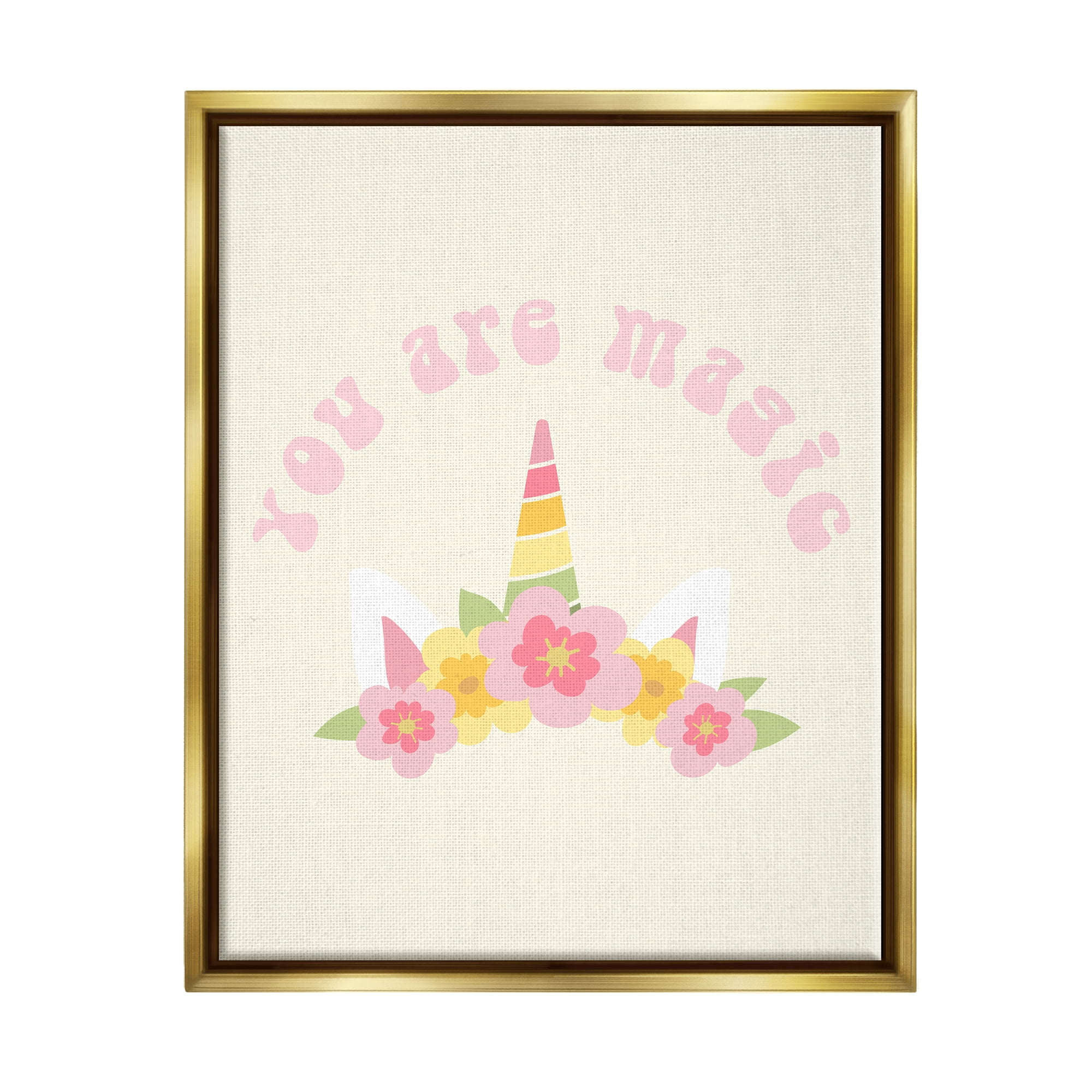 Stupell Industries Retro Magic Unicorn Phrase Fairy Tales & Fantasy Painting Gold Floater Framed Canvas Art Print Wall Art, 17 x 21