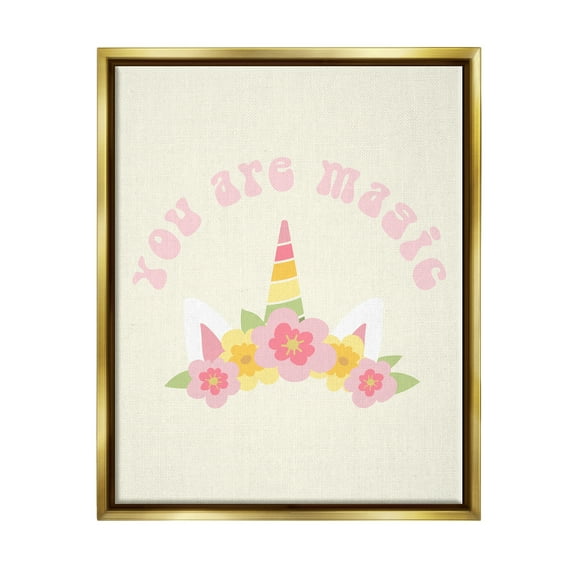 Stupell Industries Retro Magic Unicorn Phrase Fairy Tales & Fantasy Painting Gold Floater Framed Canvas Art Print Wall Art, 25 x 31