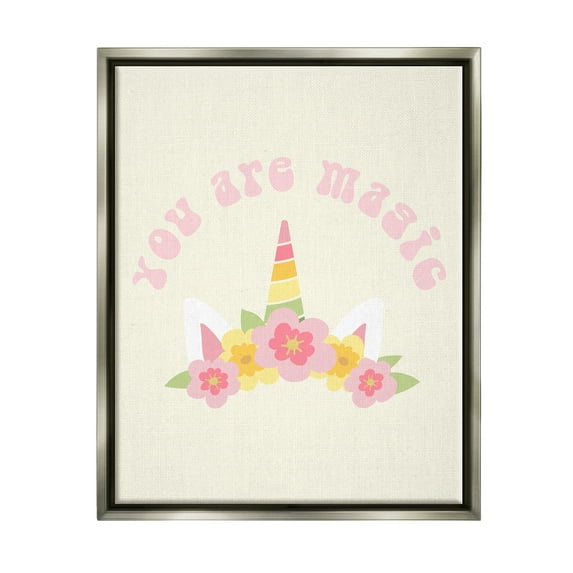 Stupell Industries Retro Magic Unicorn Phrase Fairy Tales & Fantasy Painting Gray Floater Framed Canvas Art Print Wall Art, 17 x 21