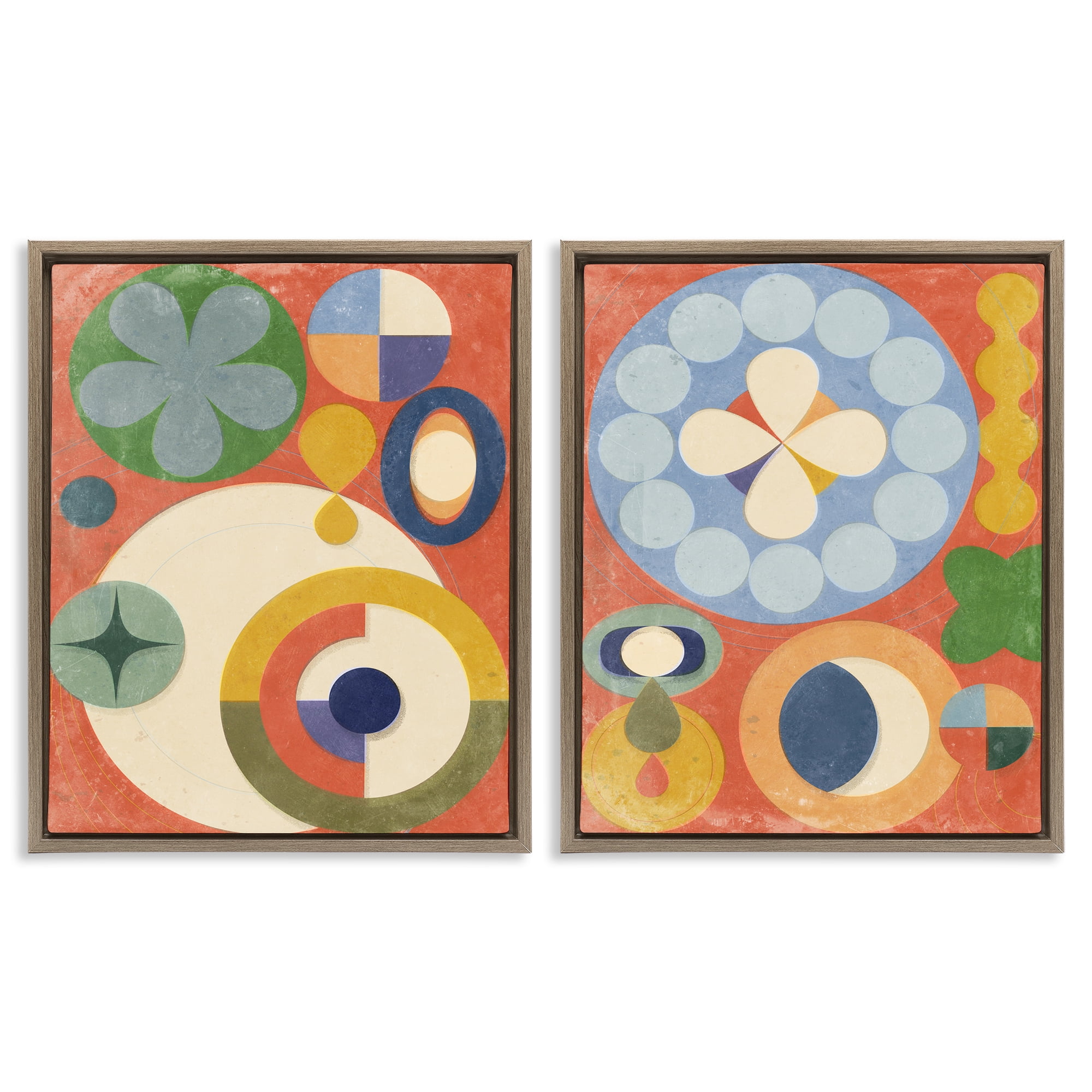 Stupell Industries Retro Mixed Boho Shapes Abstract Painting Brown Floater Framed Canvas Art Print Wall Art, 17 x 21, Set of 2