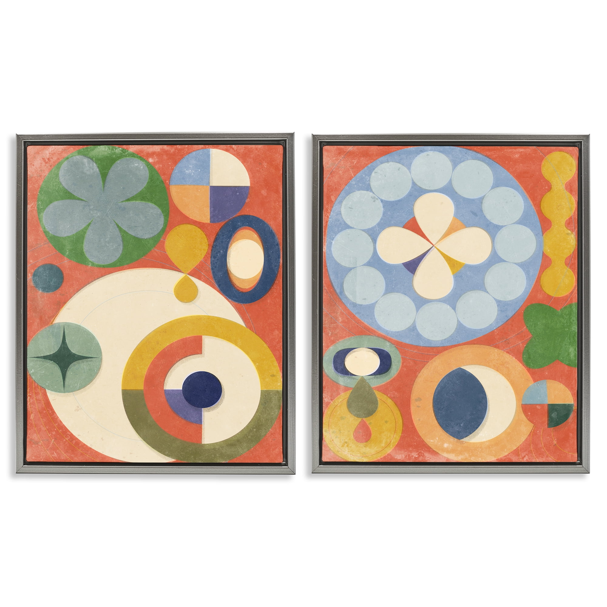 Stupell Industries Retro Mixed Boho Shapes Abstract Painting Gray Floater Framed Canvas Art Print Wall Art, 17 x 21, Set of 2