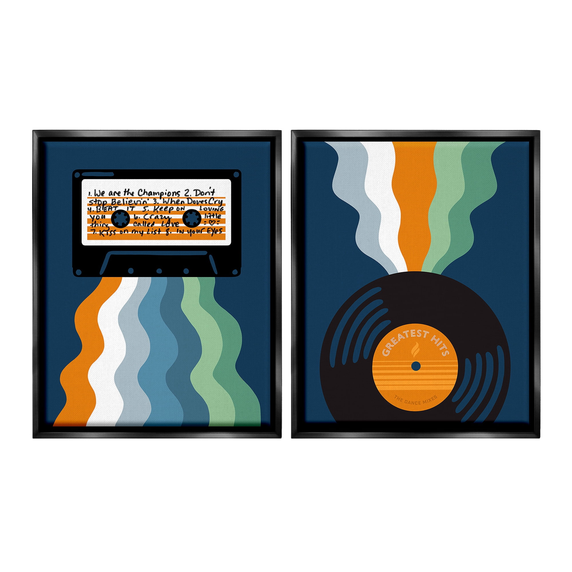 Stupell Industries Retro Music with Stripes Abstract Painting Black Floater Framed Canvas Art Print Wall Art, 17 x 21, Set of 2
