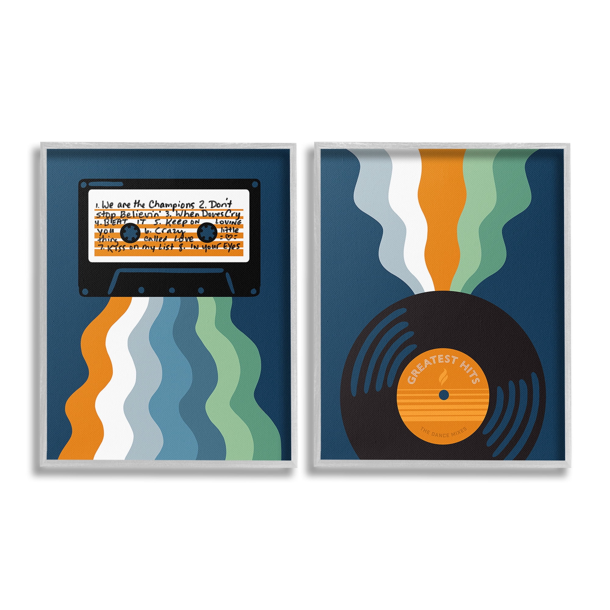 Stupell Industries Retro Music with Stripes Abstract Painting Gray Framed Art Print Wall Art, 24 x 30, Set of 2