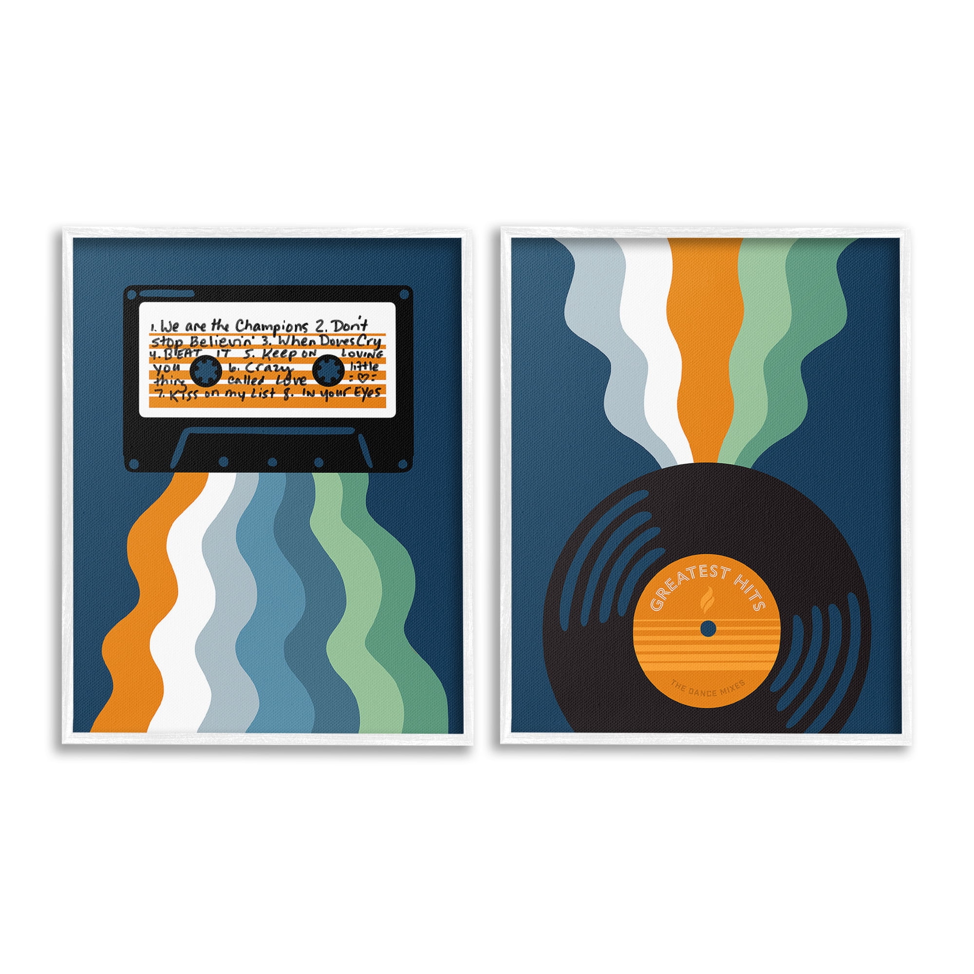 Stupell Industries Retro Music with Stripes Abstract Painting White Framed Art Print Wall Art, 11 x 14, Set of 2