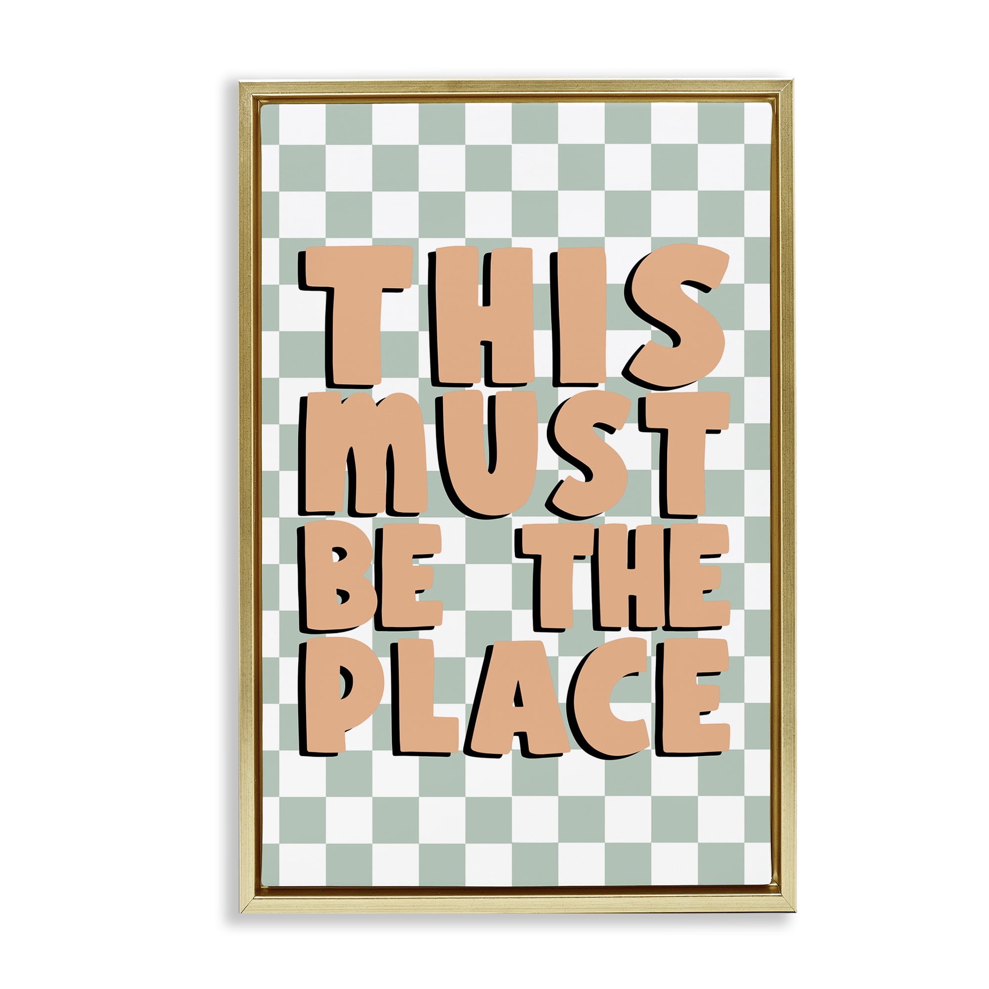 Stupell Industries Retro Must Be The Place Text & Numbers Painting Gold Floater Framed Canvas Art Print Wall Art, 21 x 31