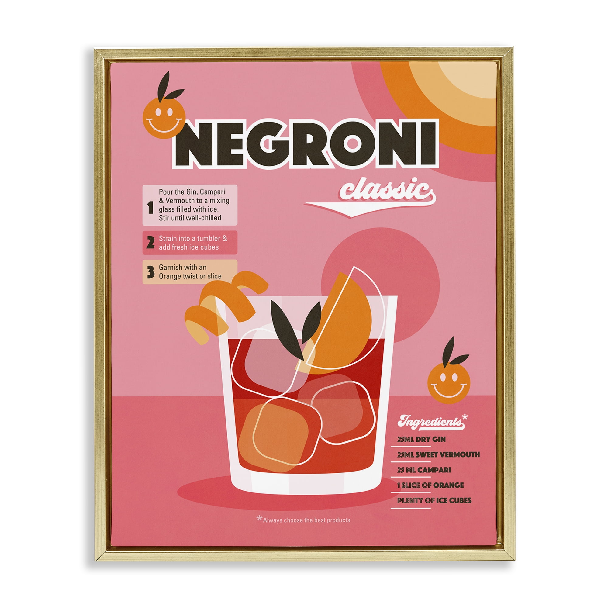 Stupell Industries Retro Negroni Cocktail Recipe Food & Beverage Painting Gold Floater Framed Canvas Art Print Wall Art, 17 x 21