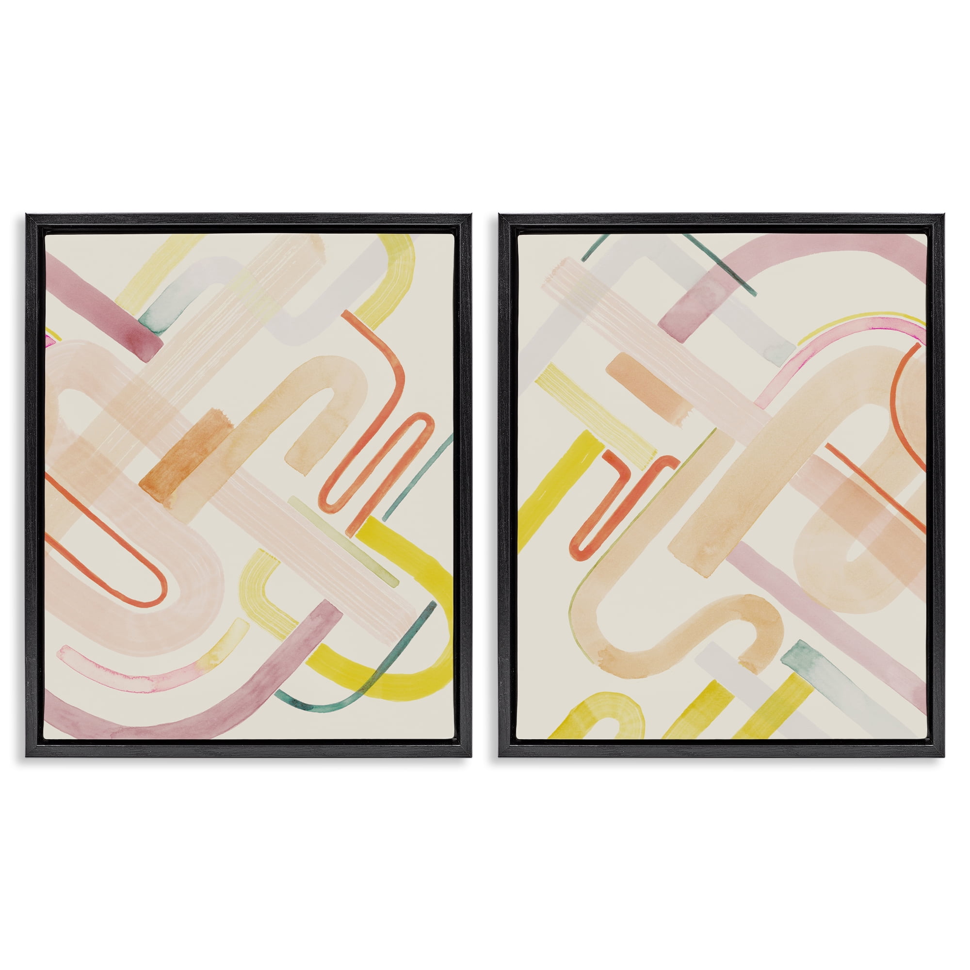 Stupell Industries Retro Neutral Patterns Abstract Painting Black Floater Framed Canvas Art Print Wall Art, 17 x 21, Set of 2