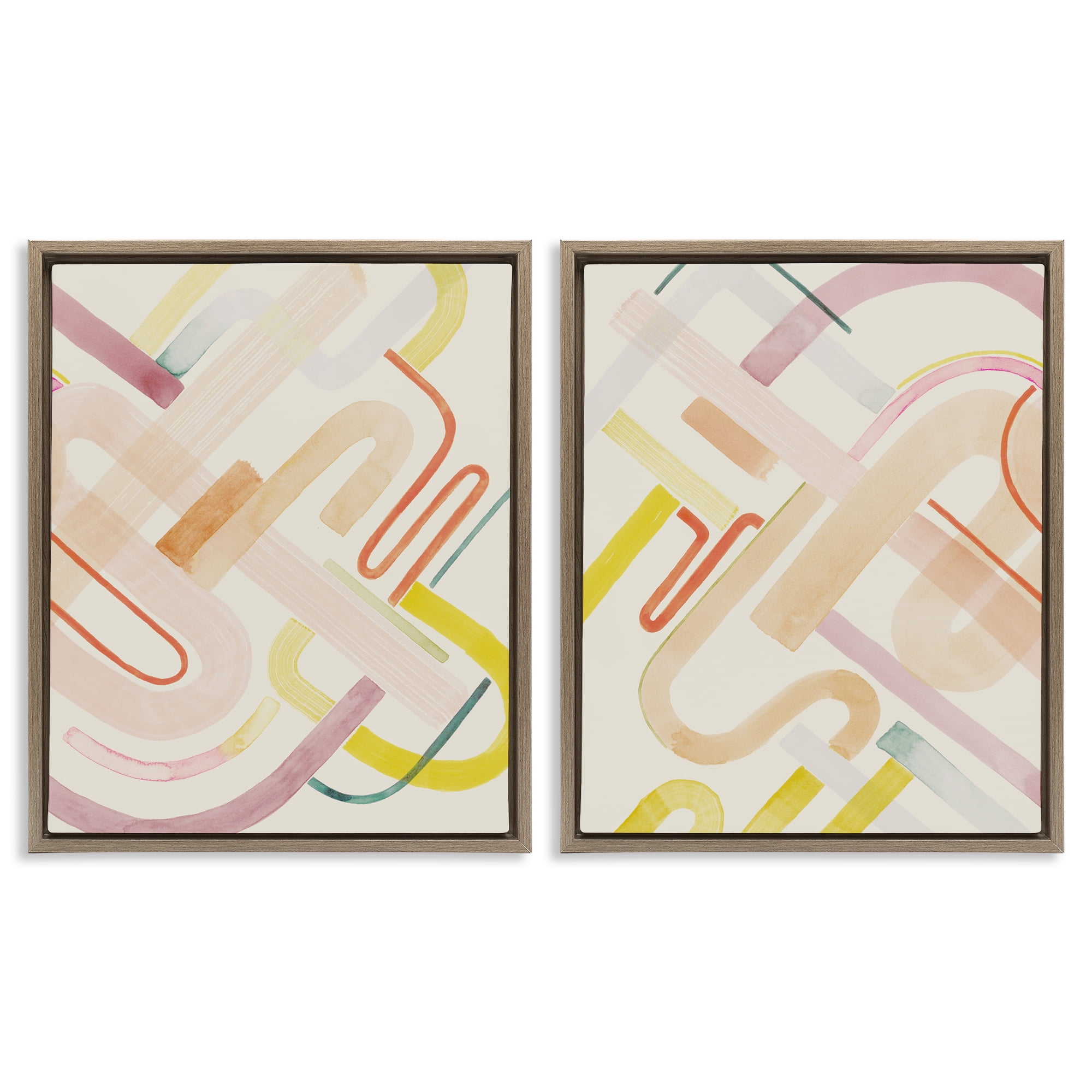 Stupell Industries Retro Neutral Patterns Abstract Painting Brown Floater Framed Canvas Art Print Wall Art, 17 x 21, Set of 2