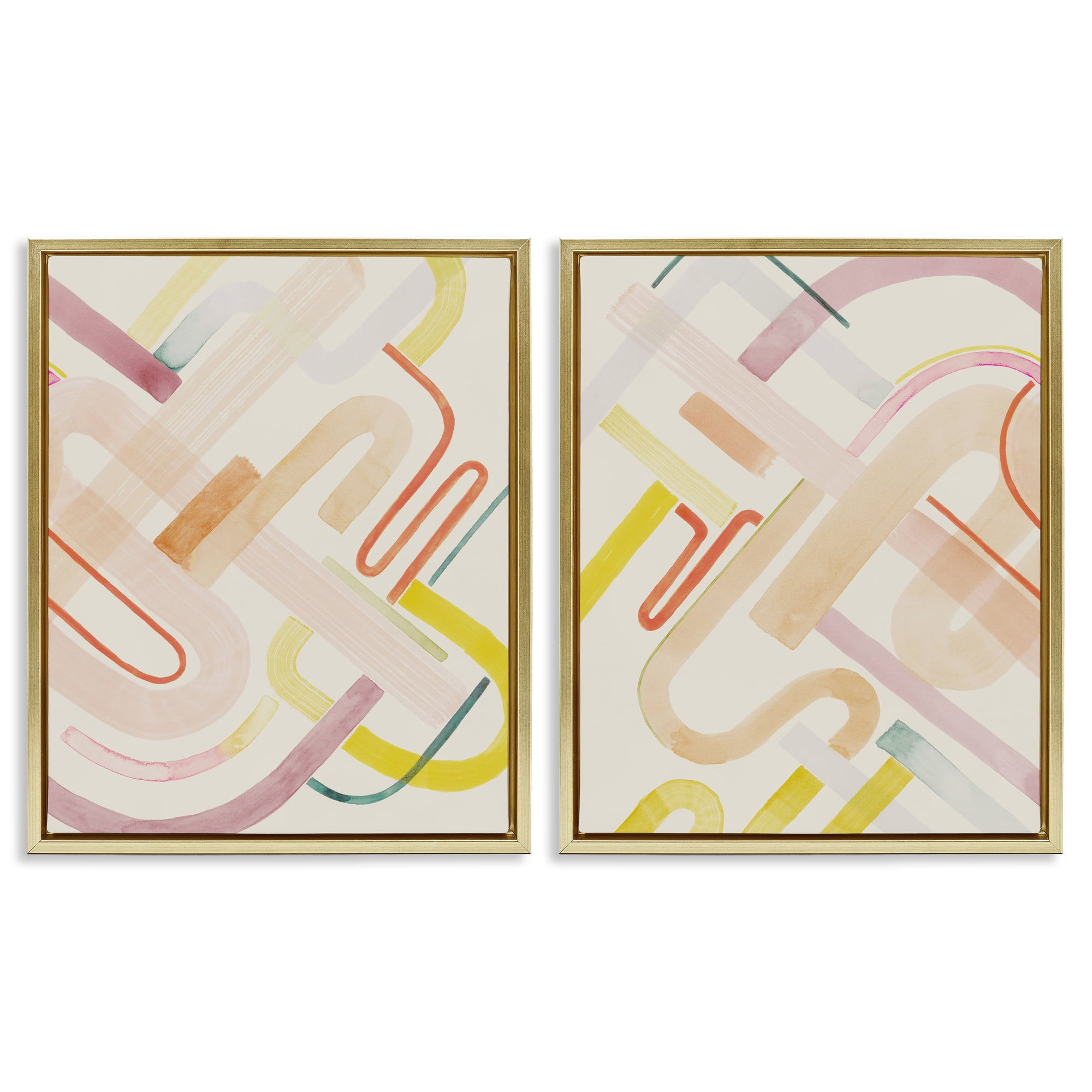 Stupell Industries Retro Neutral Patterns Abstract Painting Gold Floater Framed Canvas Art Print Wall Art, 31 x 25, Set of 2